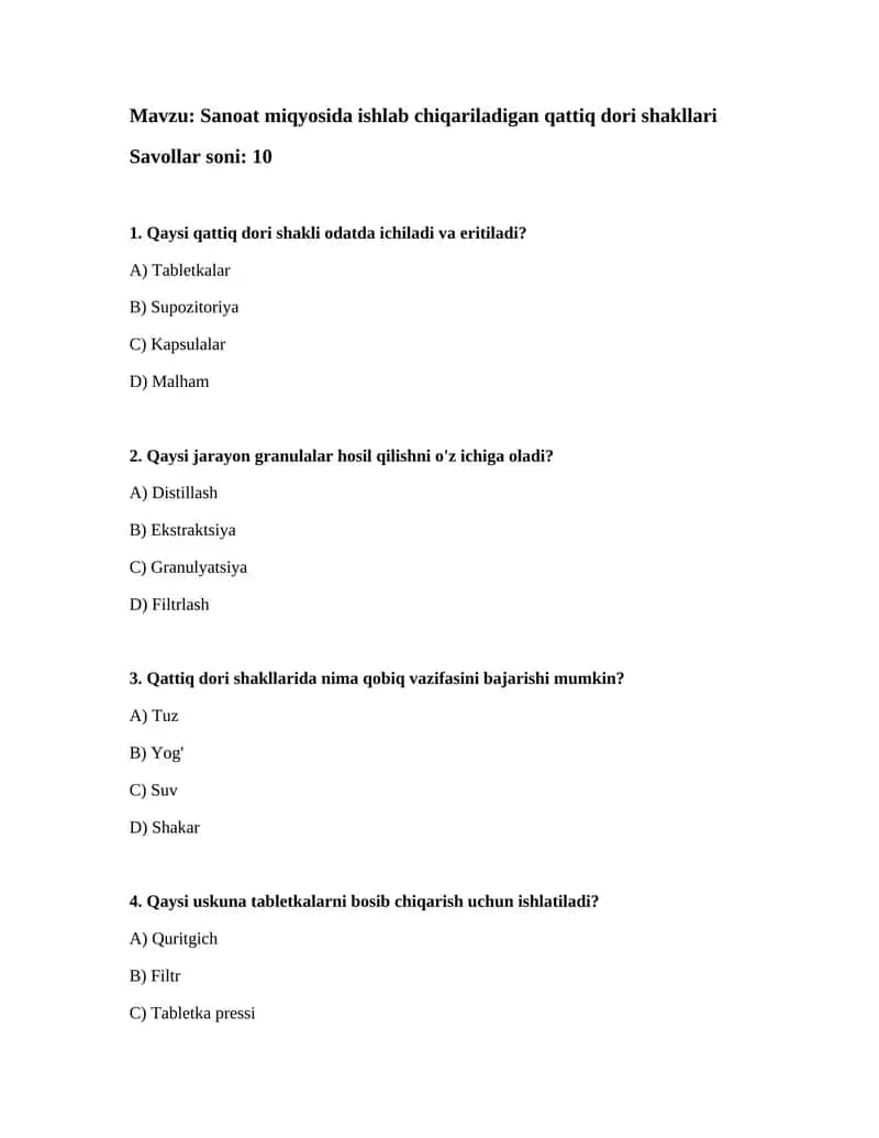 Sanoat miqyosida ishlab chiqariladigan qattiq dori shakllari 1