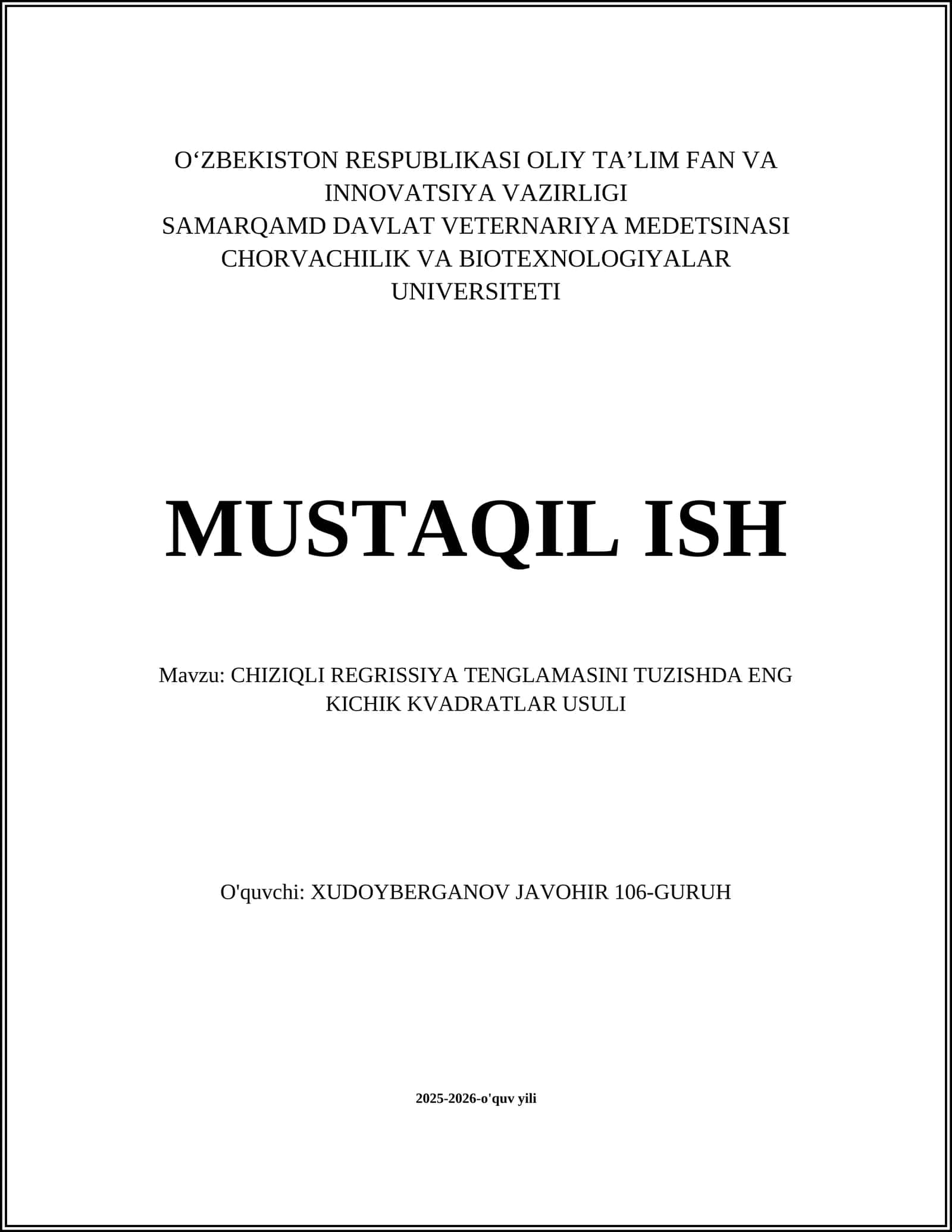 CHIZIQLI REGRISSIYA TENGLAMASINI TUZISHDA ENG KICHIK KVADRATLAR USULI 1