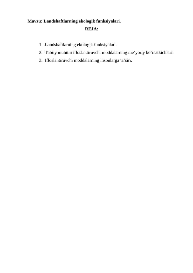 Geoekologiya. Landshaftlarning ekologik funksiyalari. 1