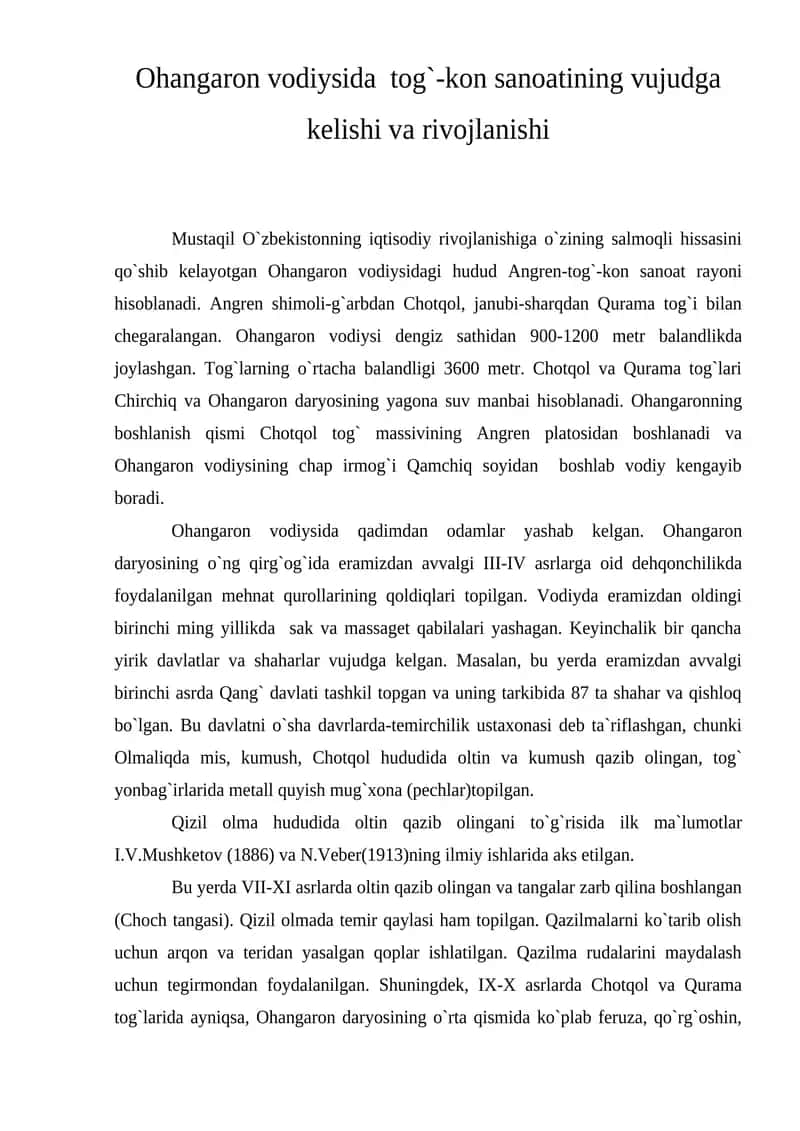 Ohangaron vodiysida tog`-kon sanoatining vujudga kelishi va rivojlanishi 1