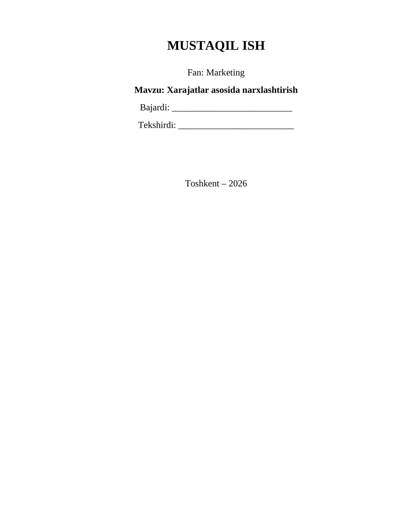 Xarajatlar asosida narxlashtirish 1