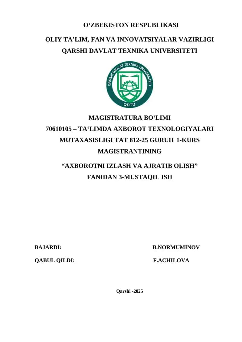 Axborotni izlashda murakkab veb resurslar va ma’lumotlar bazalaridan samarali foydalanish. 1