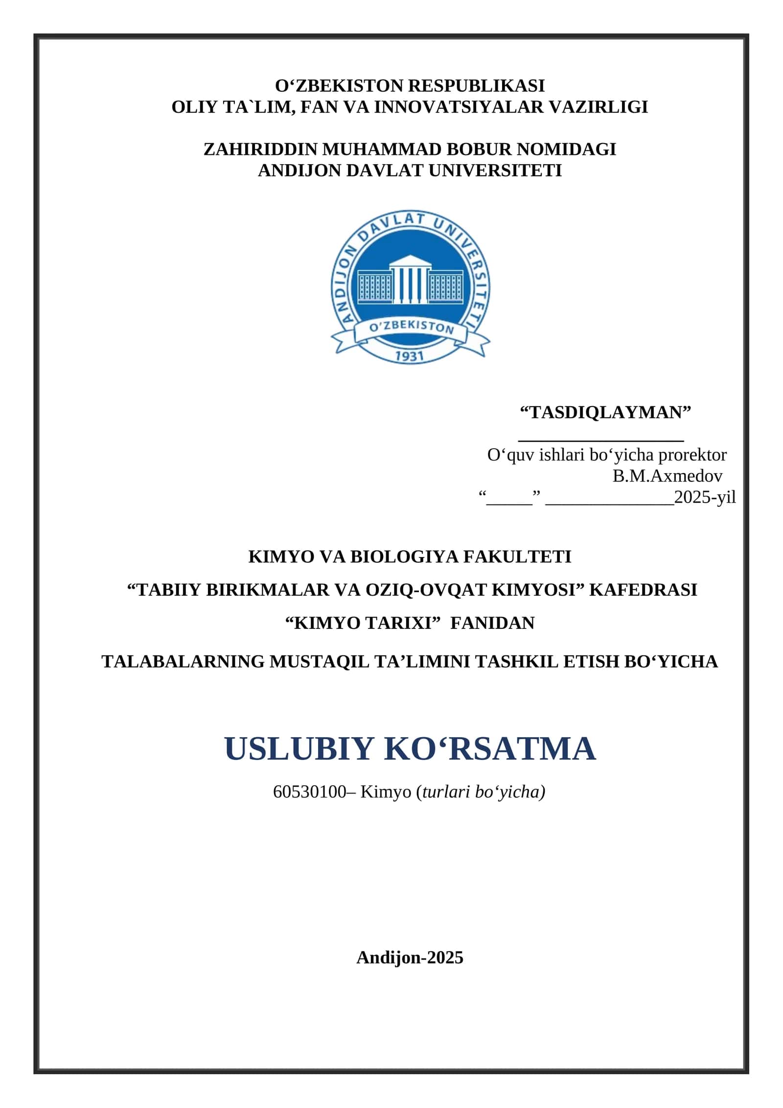 Kimyo va Biologiya Fakulteti Talabalarning Mustaqil Ta'limini Tashkil Etish Bo'yicha Uslubiy Ko'rsatma 1