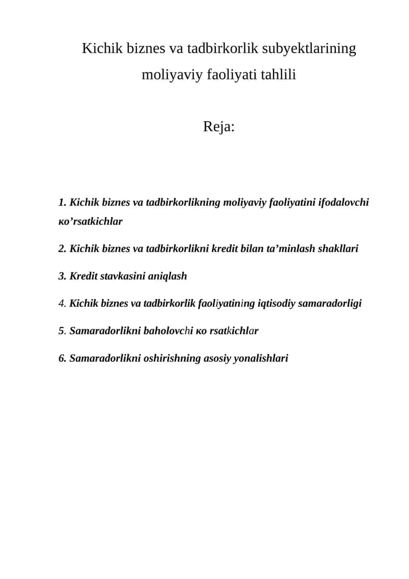 Kichik biznes va tadbirkorlik subyektlarining moliyaviy faoliyati tahlili 1