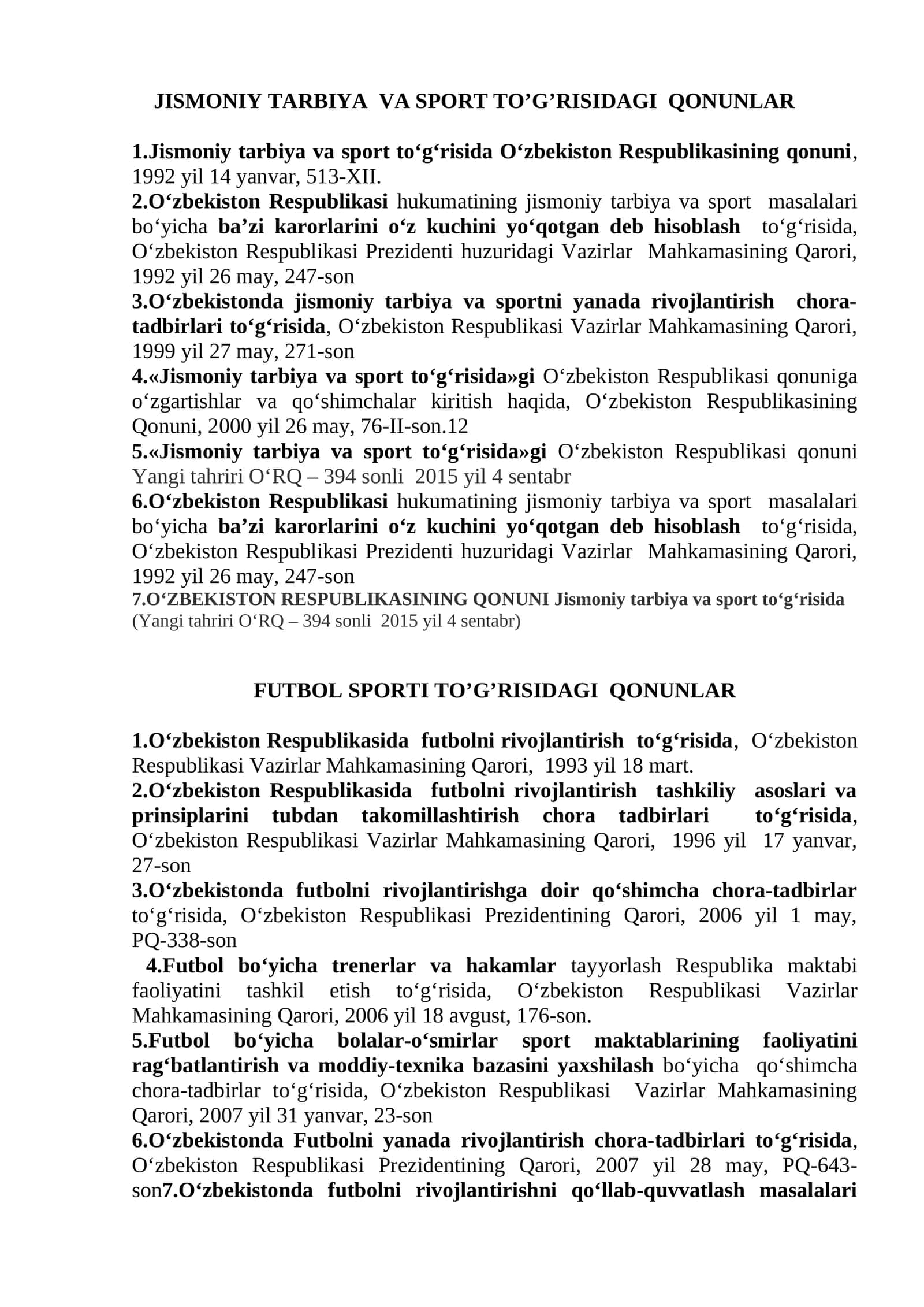 Jismoniy Tarbiya Va Sport To’g’risidagi Qonunlar 1