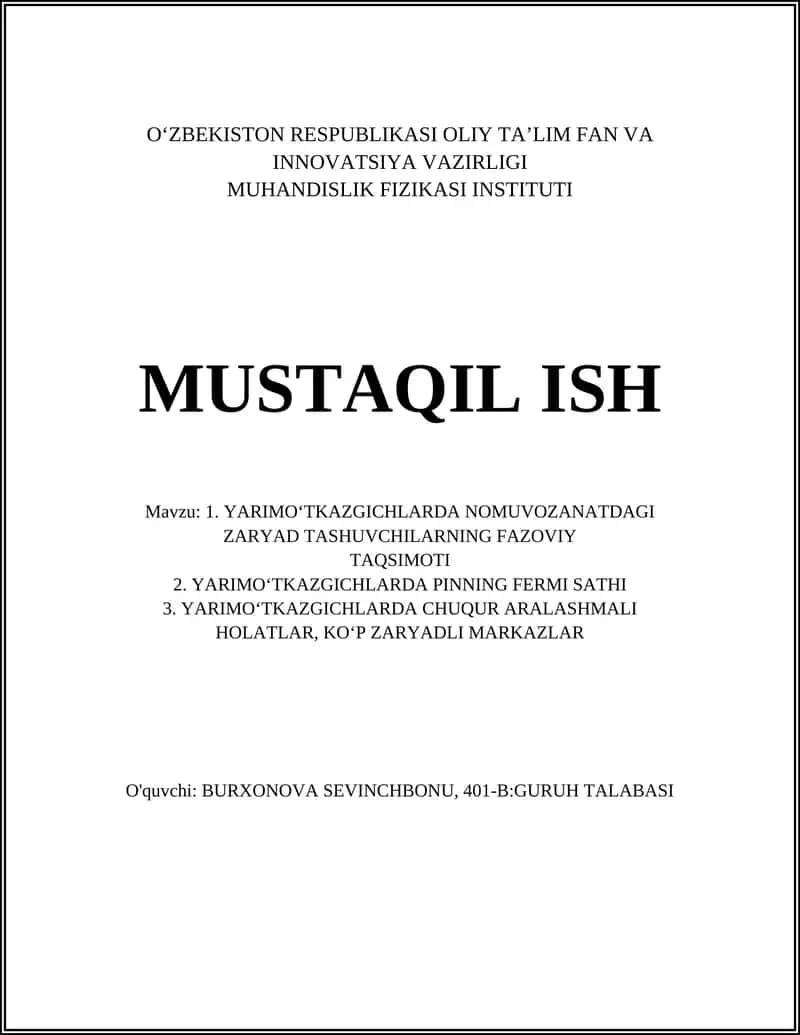 MUHANDISLIK FIZIKASI INSTITUTI MUSTAQIL ISH 1