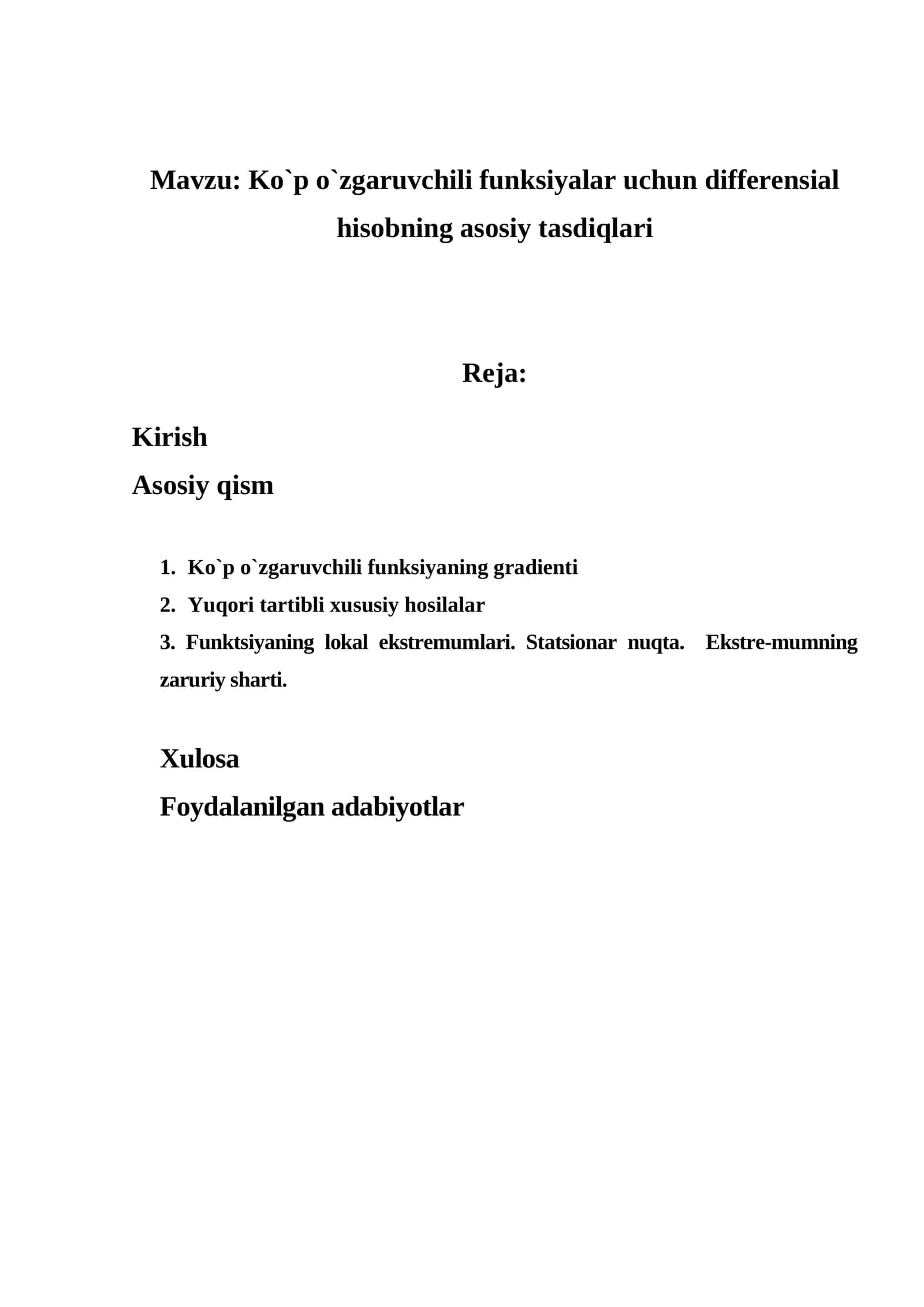 Ko`p o`zgaruvchili funksiyalar uchun differensial hisobning asosiy tasdiqlari 1