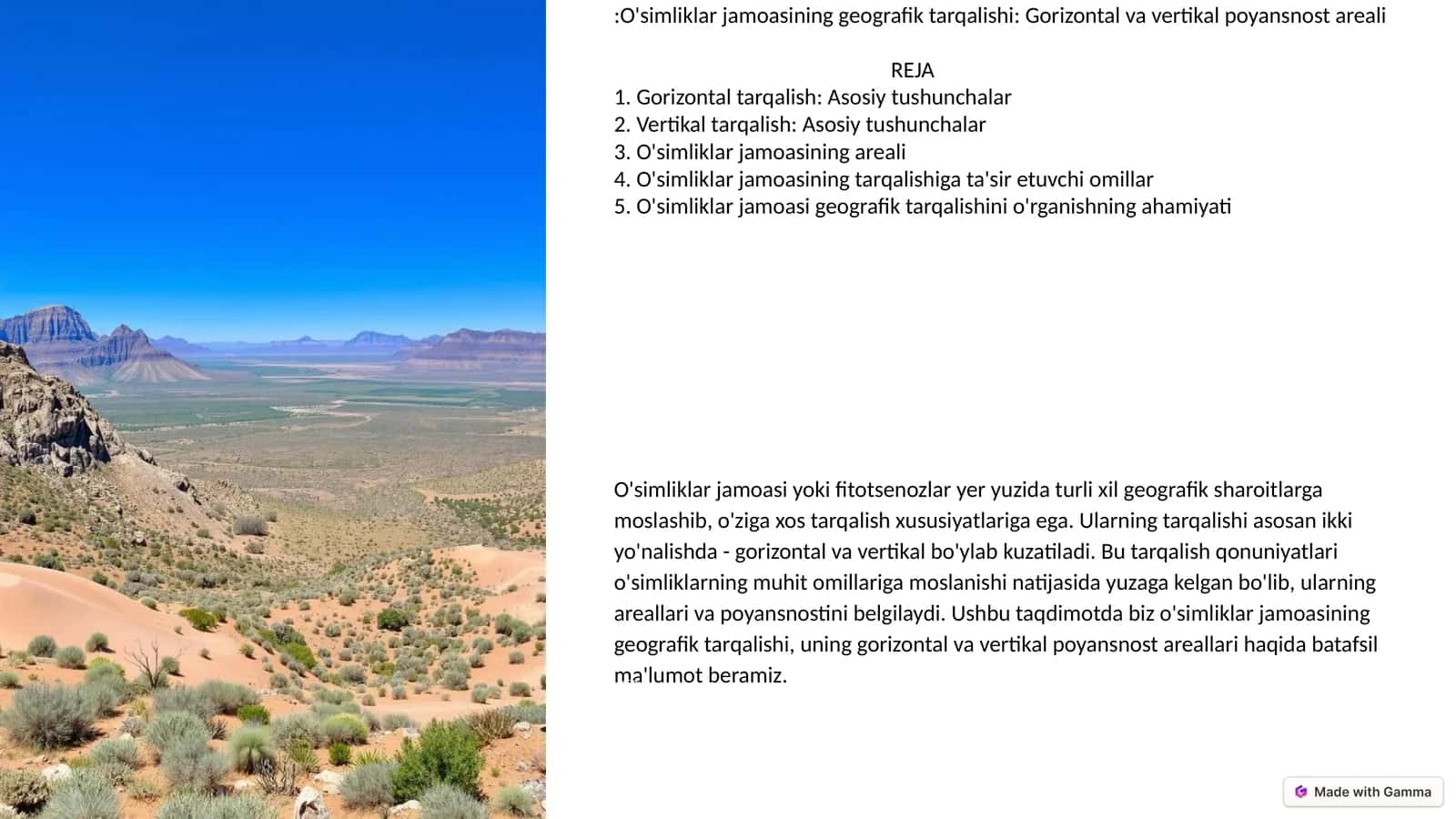 O'simliklar jamoasining geografik tarqalishi: Gorizontal va vertikal poyansnost areali 1