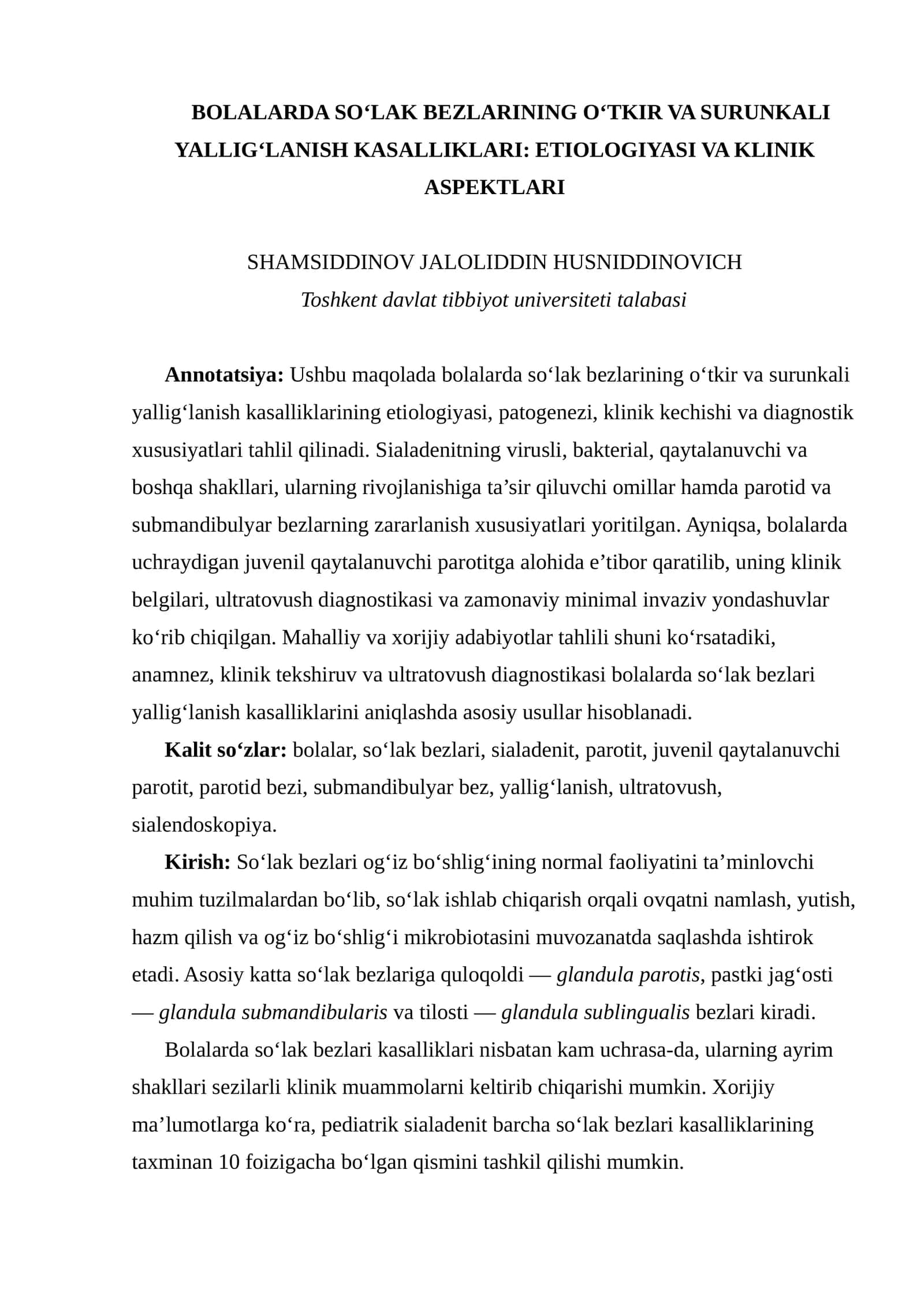 BOLALARDA SO‘LAK BEZLARINING O‘TKIR VA SURUNKALI YALLIG‘LANISH KASALLIKLARI: ETIOLOGIYASI VA KLINIK ASPEKTLARI 1