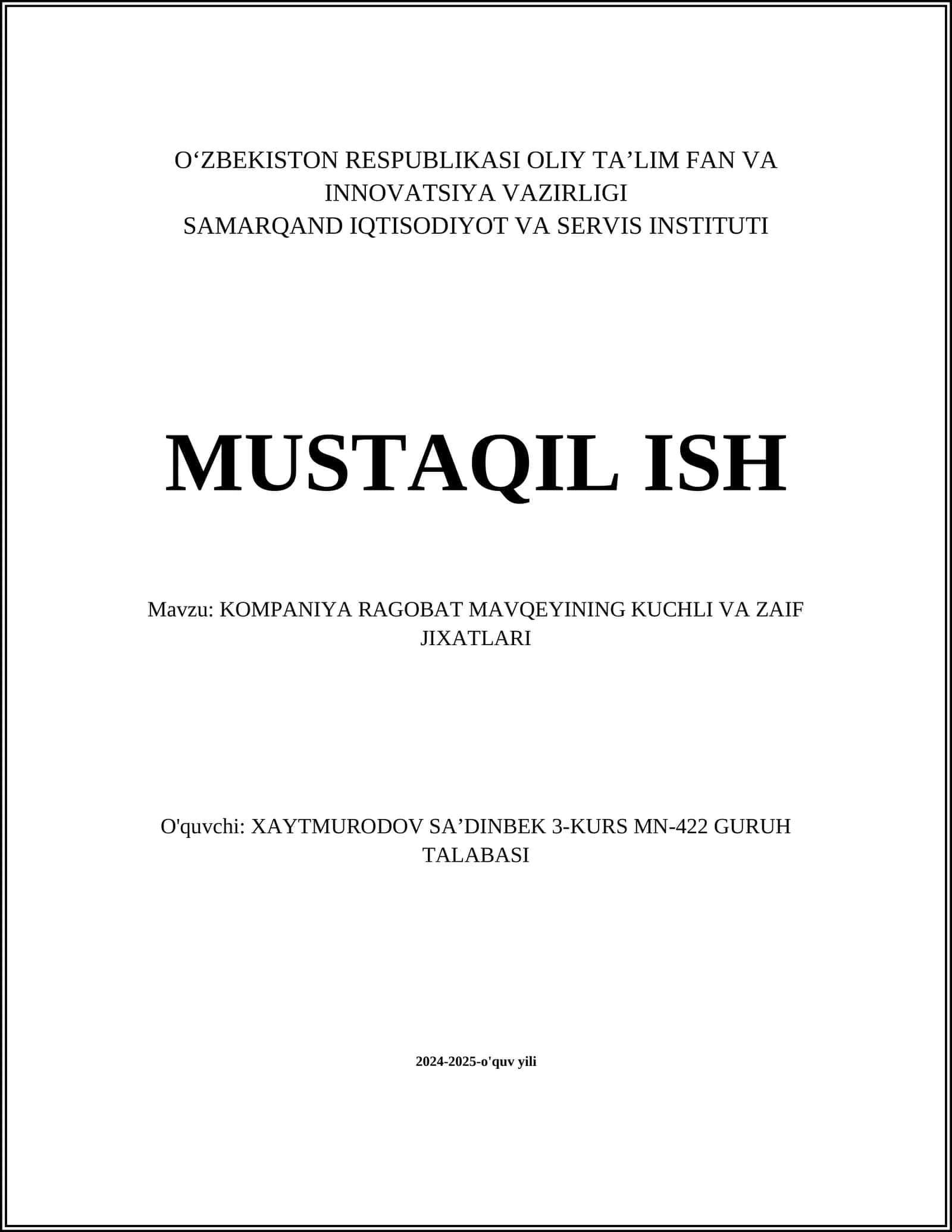 KOMPANIYA RAGOBAT MAVQEYINING KUCHLI VA ZAIF JIXATLARI 1