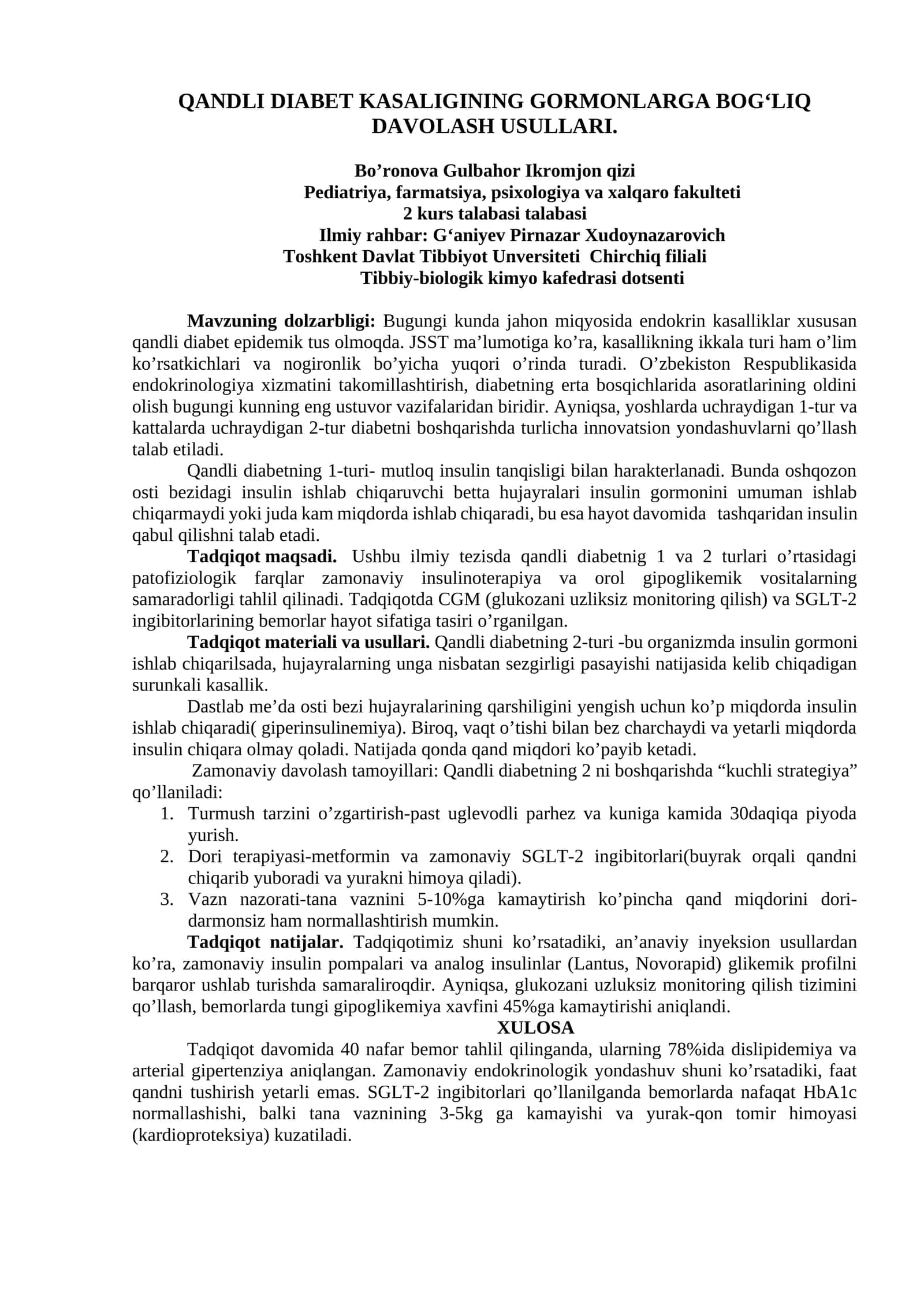 QANDLI DIABET KASALIGINING GORMONLARGA BOG‘LIQ DAVOLASH USULLARI 1