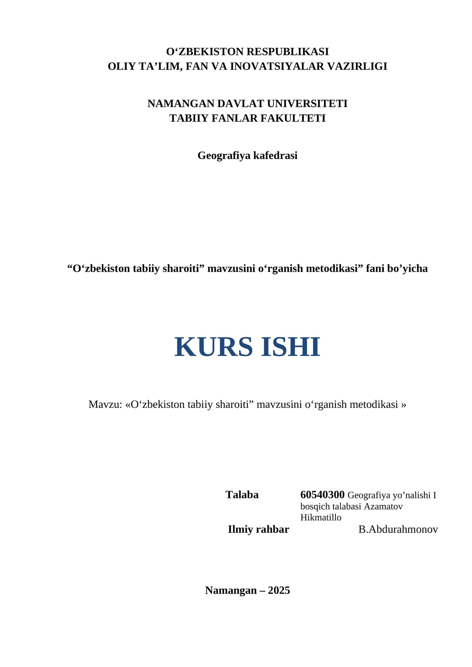"O‘zbekiston tabiiy sharoiti" mavzusini o‘rganish metodikasi 1