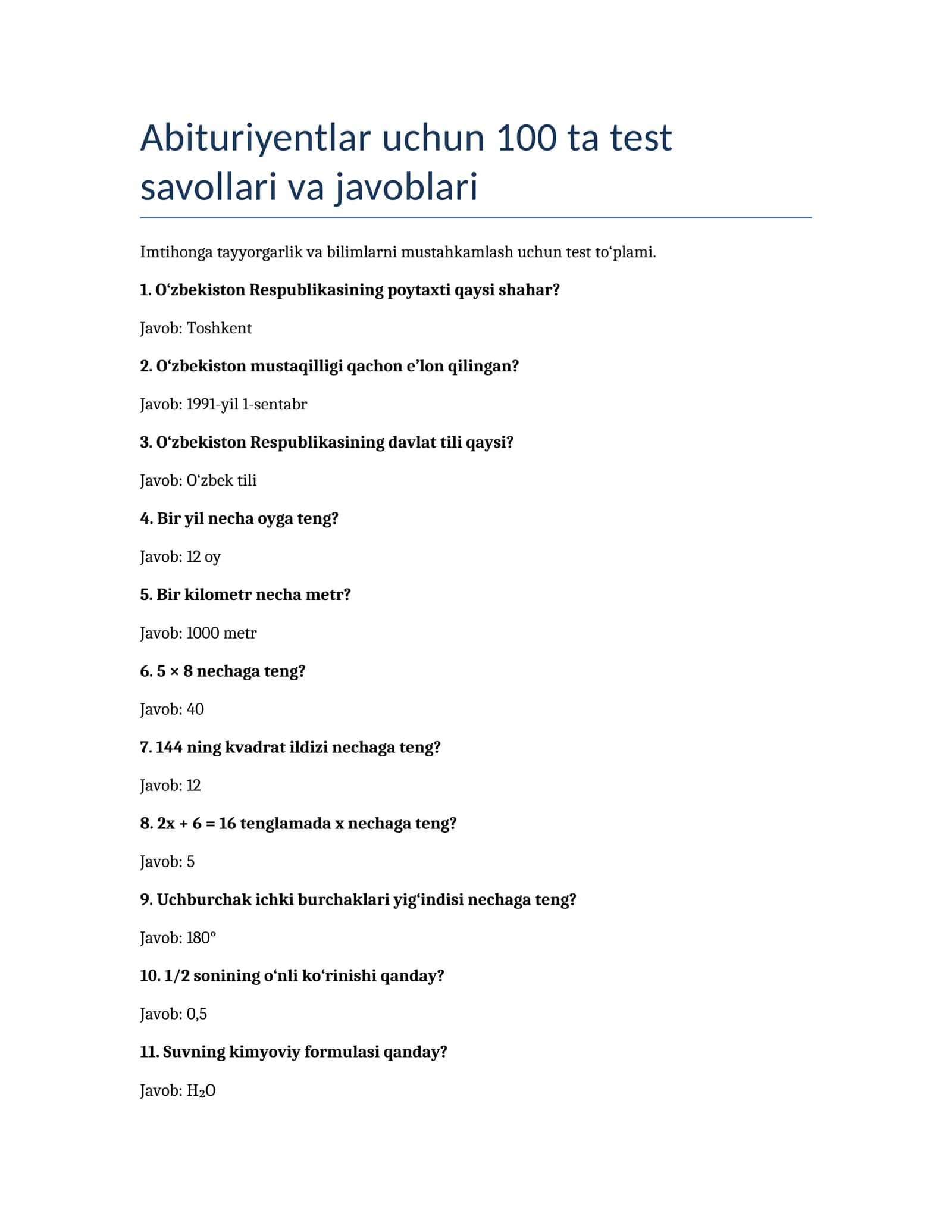Abituriyentlar uchun 100 ta test savollari va javoblari 1