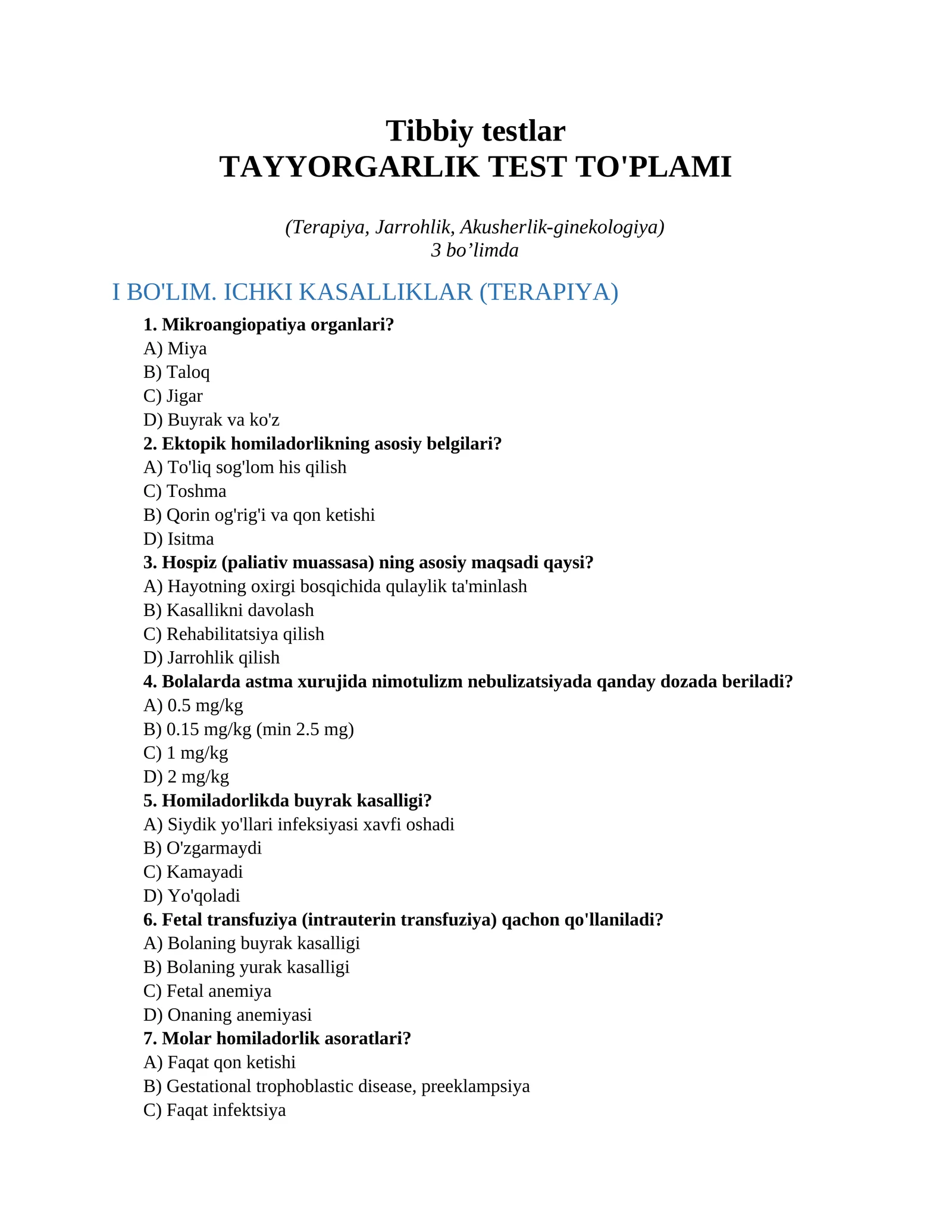 Tibbiy testlar 1