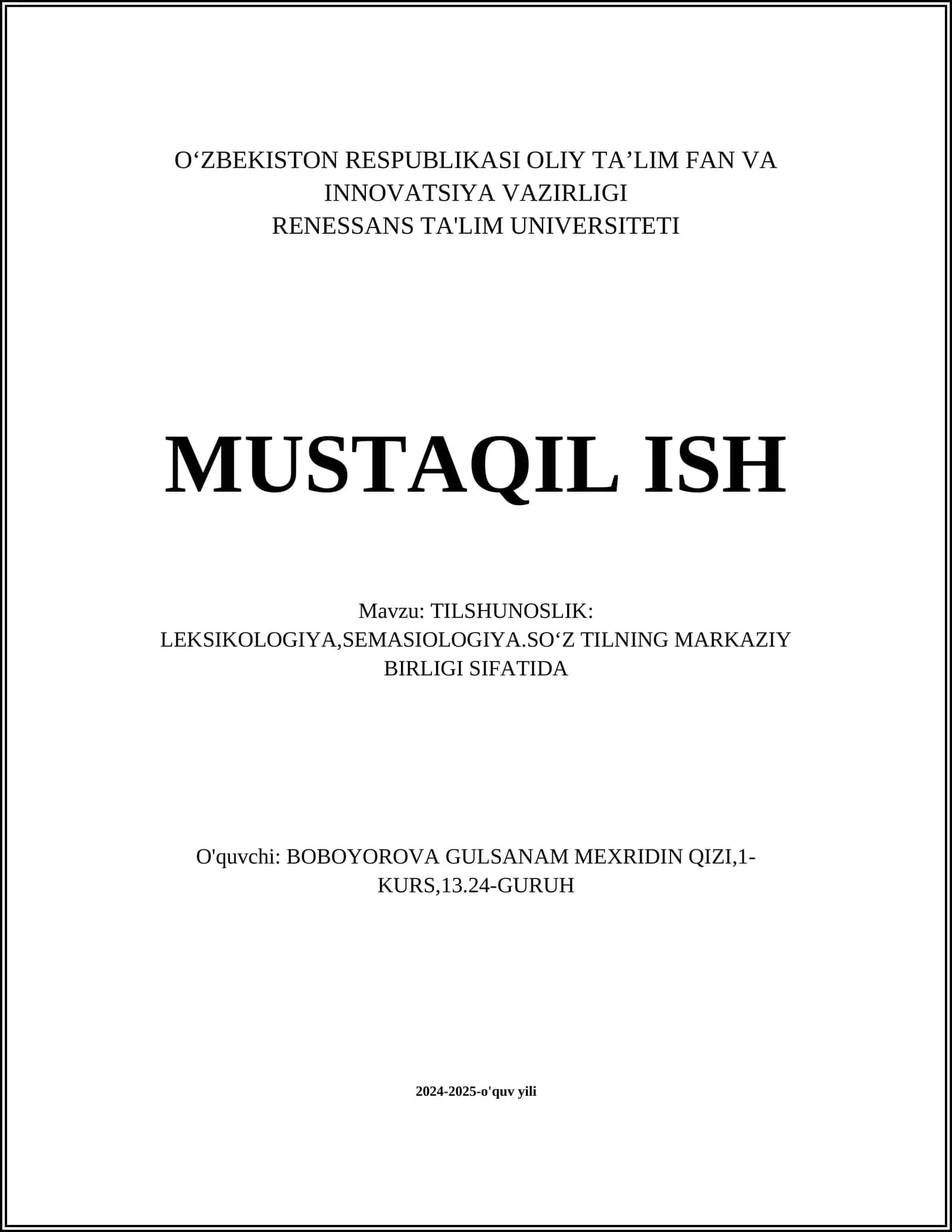 TILSHUNOSLIK: LEKSIKOLOGIYA,SEMASIOLOGIYA.SOʻZ TILNING MARKAZIY BIRLIGI SIFATIDA 1