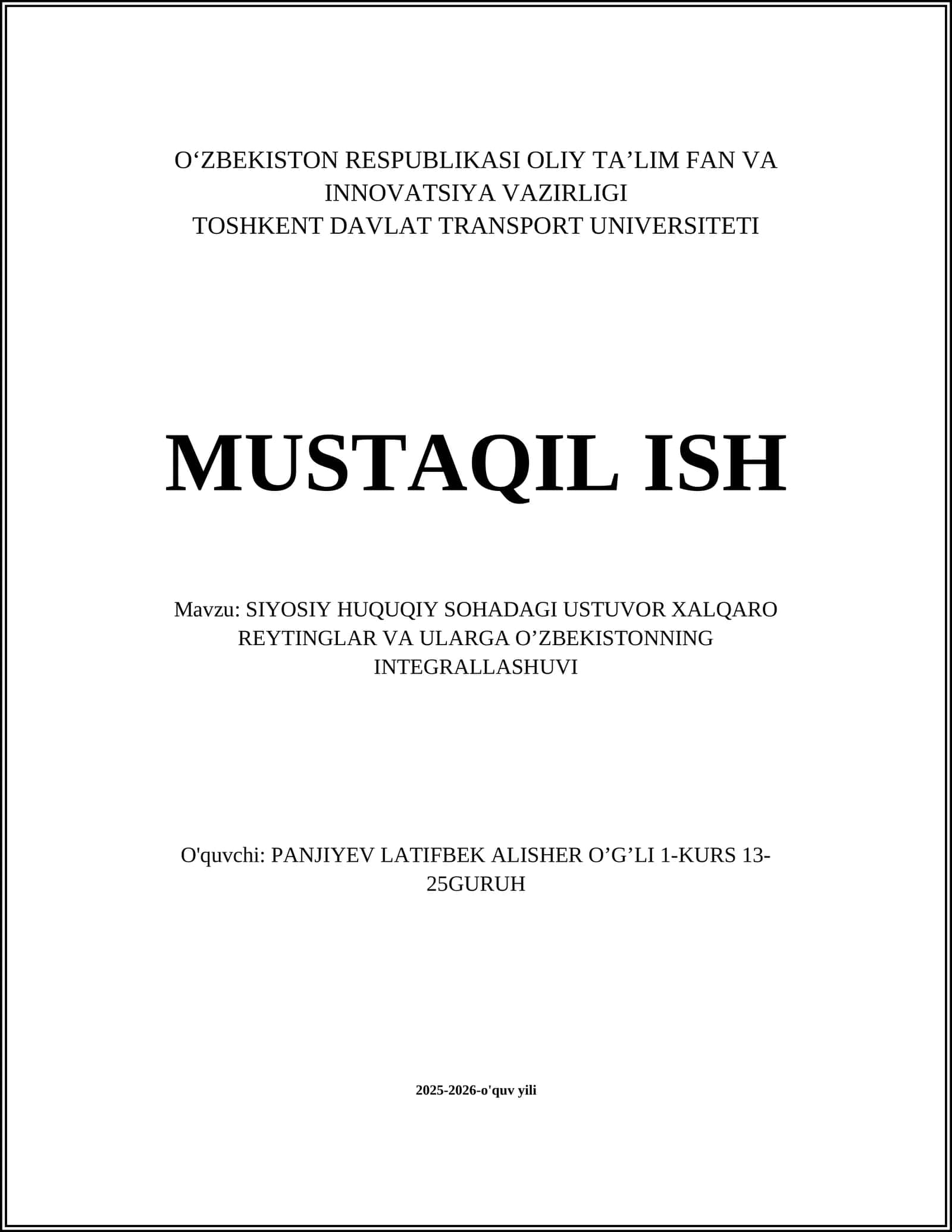 SIYOSIY HUQUQIY SOHADAGI USTUVOR XALQARO REYTINGLAR VA ULARGA O’ZBEKISTONNING INTEGRALLASHUVI 1