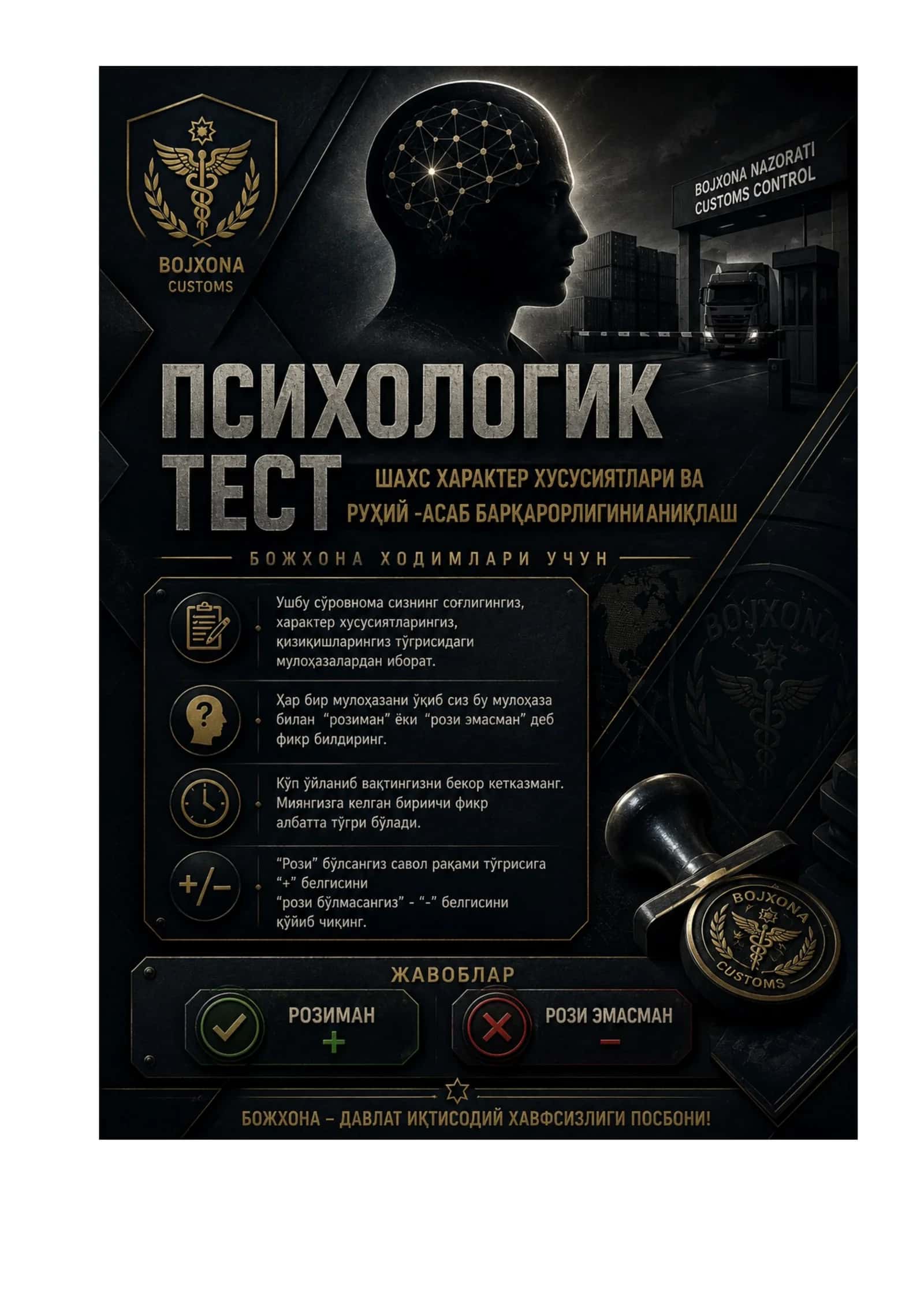 Bojxona qo‘mitasiga ishga kirish uchun test savol-javoblar to‘plami 1