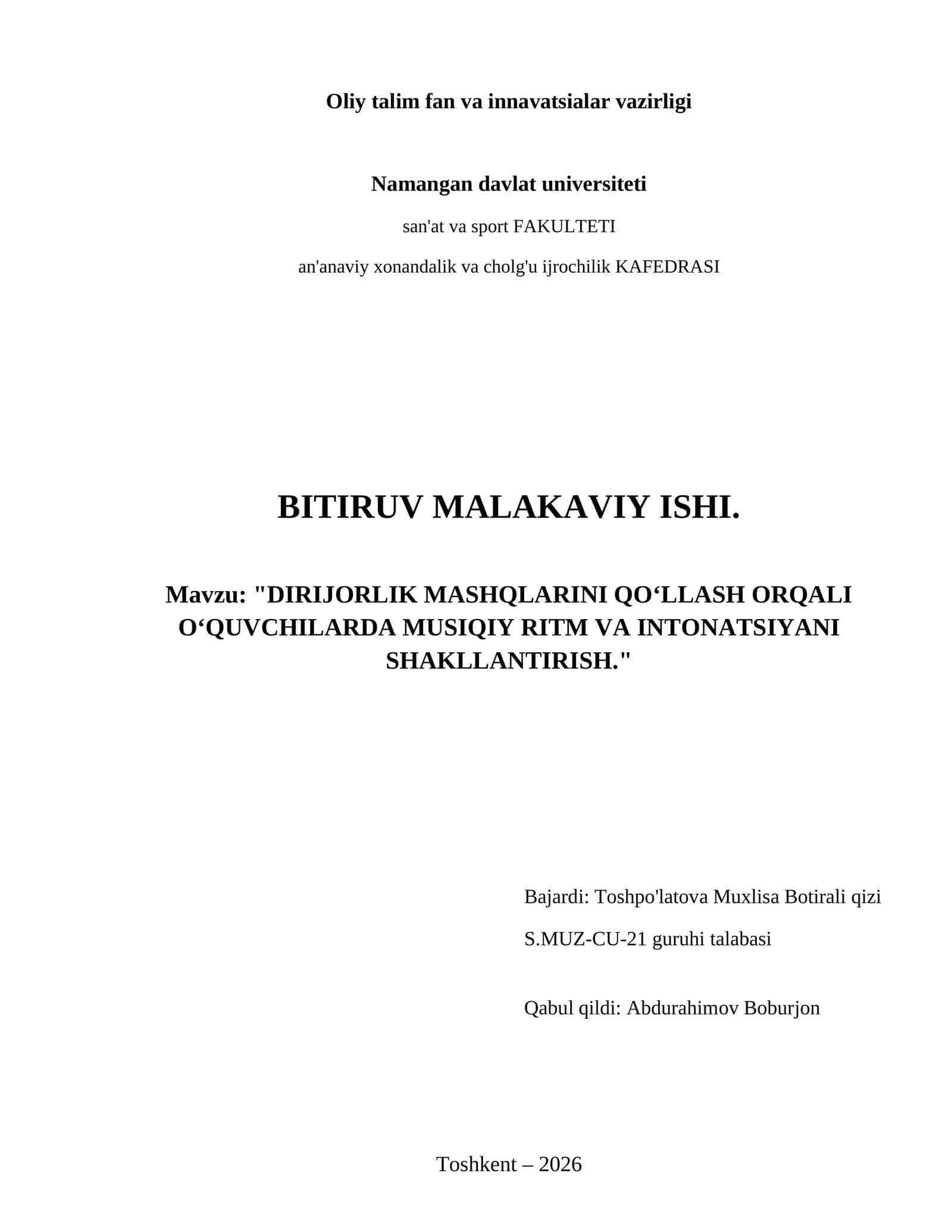 Dirijorlik mashqlarini qo‘llash orqali o‘quvchilarda musiqiy ritm va intonatsiyani shakllantirish. 1
