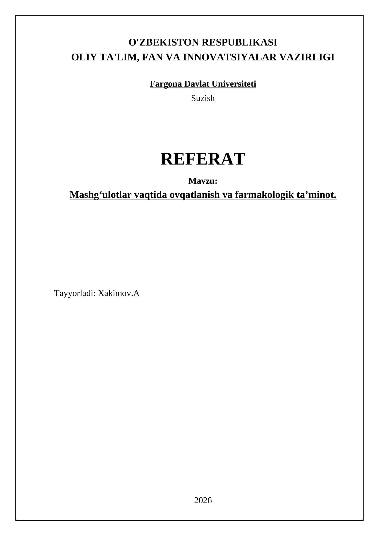 Mashgʻulotlar vaqtida ovqatlanish va farmakologik ta’minot 1
