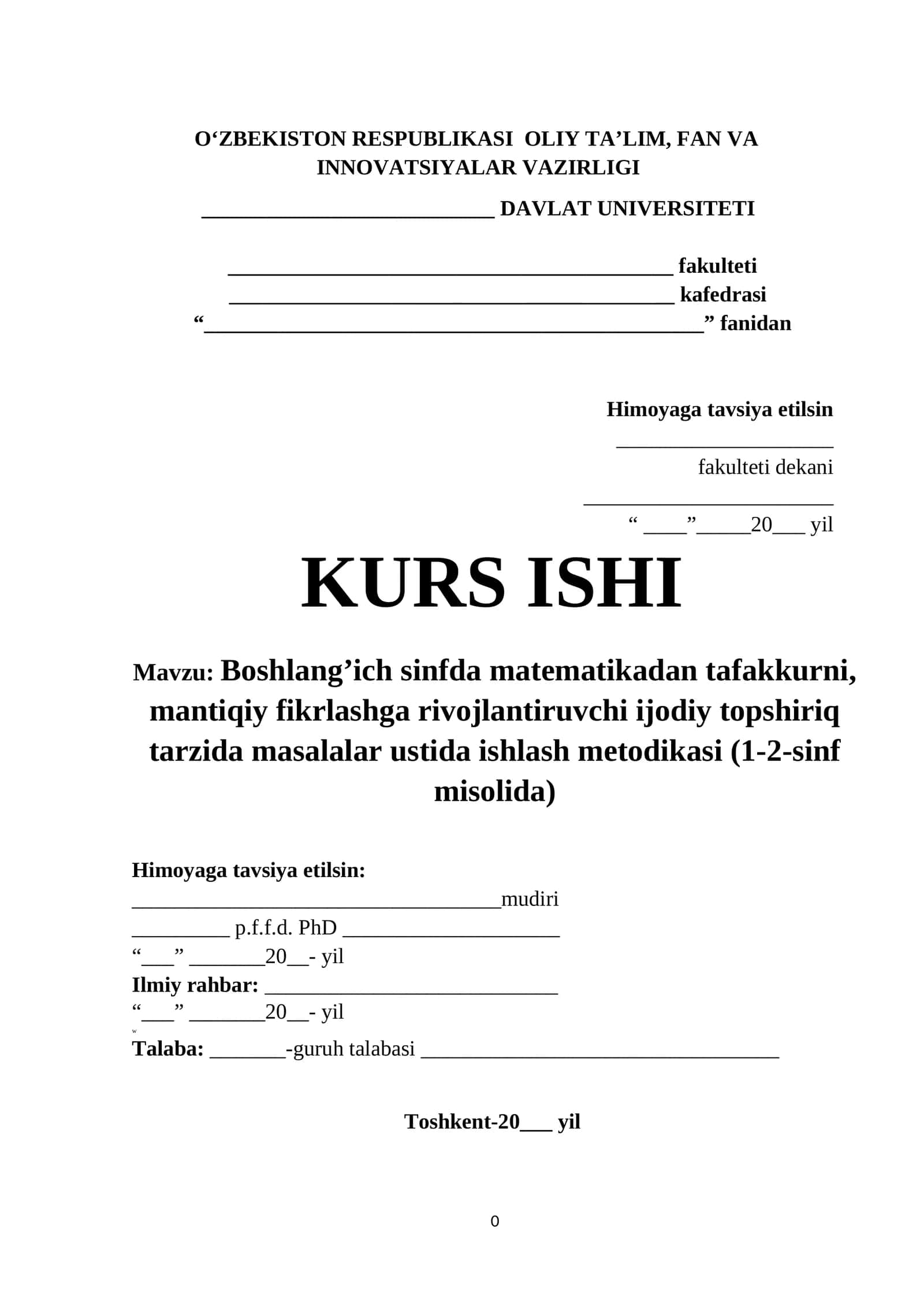 Boshlang’ich sinfda matematikadan tafakkurni, mantiqiy fikrlashga rivojlantiruvchi ijodiy topshiriq tarzida masalalar ustida ishlash metodikasi (1-2-sinf misolida) 1