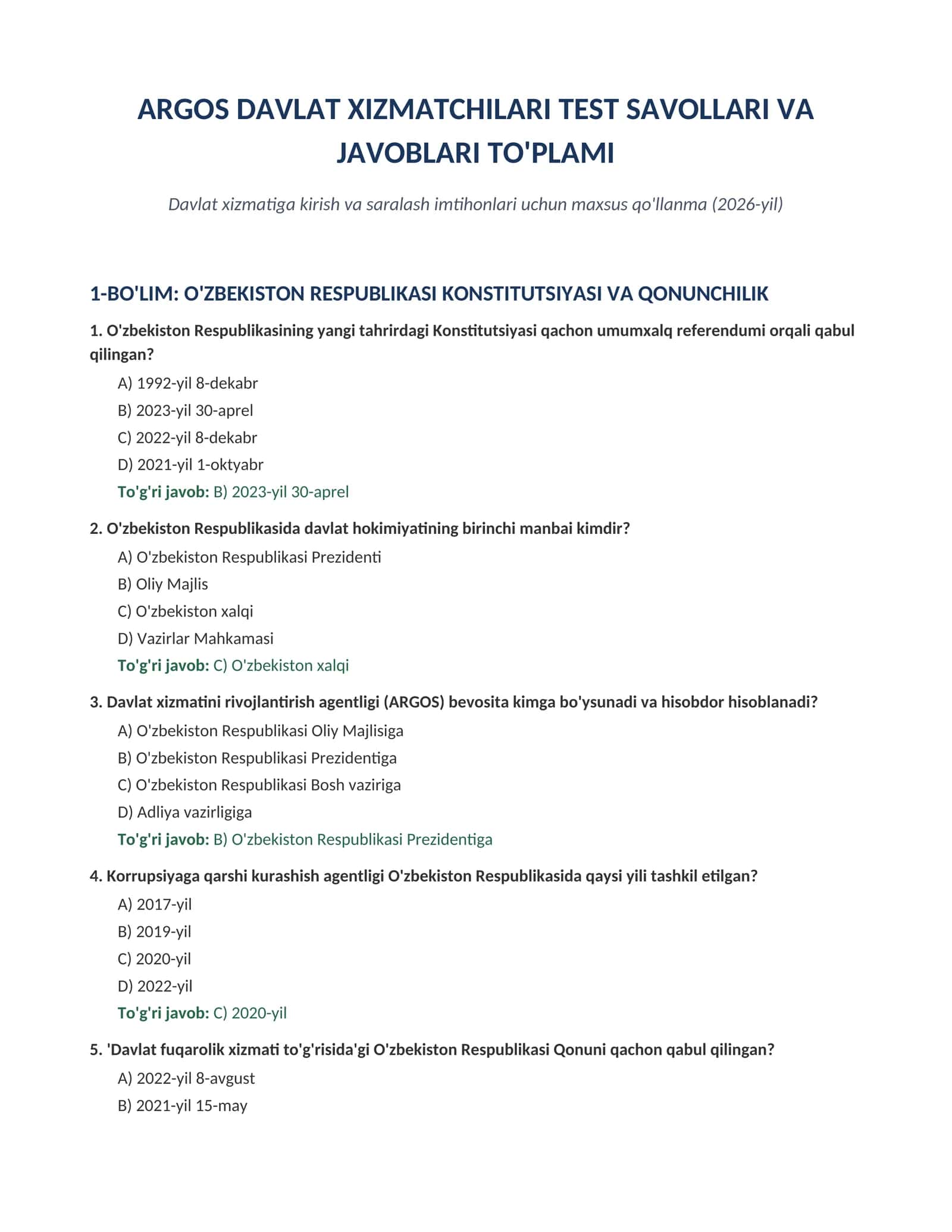 ARGOS Davlat xizmatchilari test savollari va javoblari to'plami (2026) 1