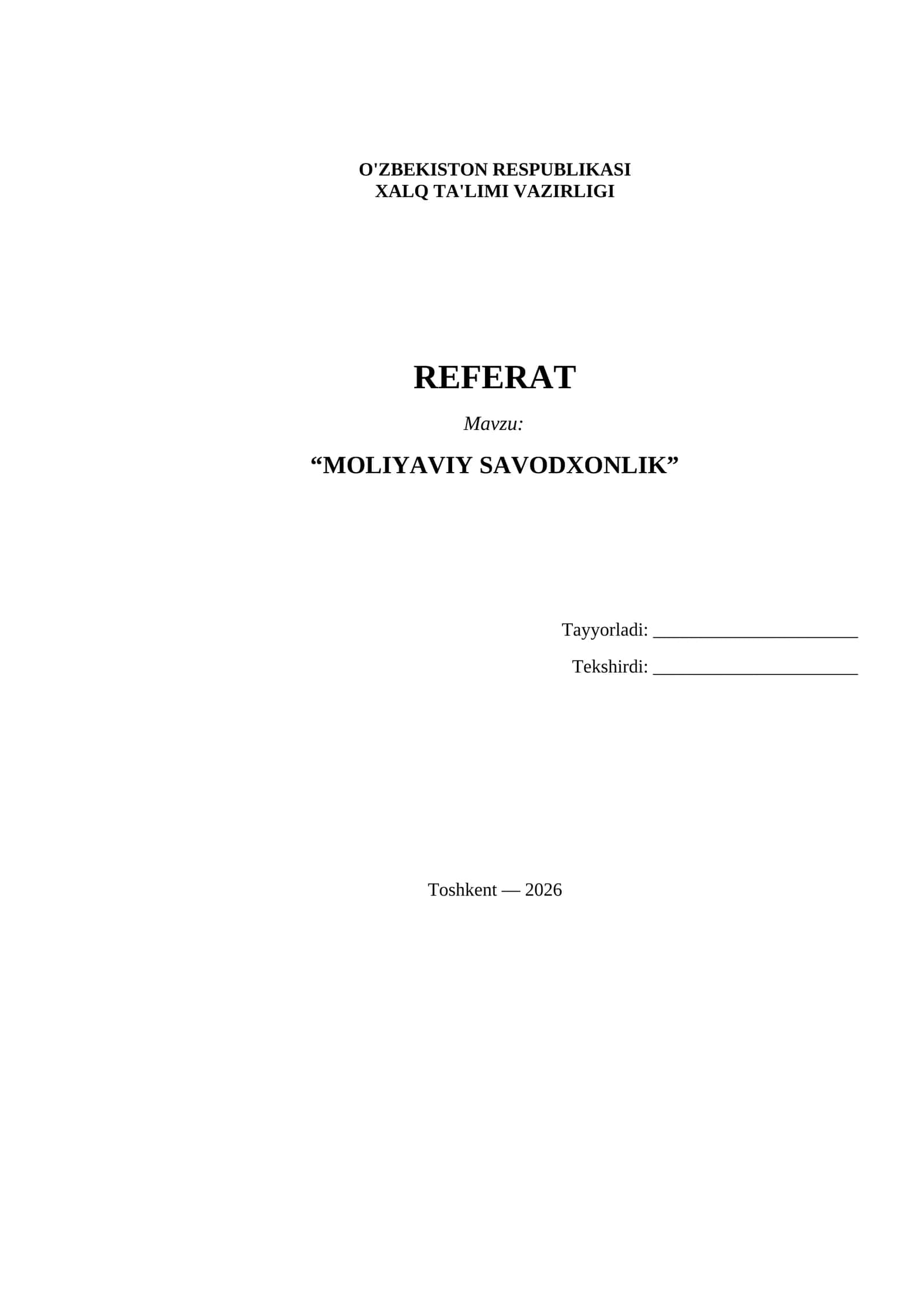 Referat Moliyaviy savodxonlik 1