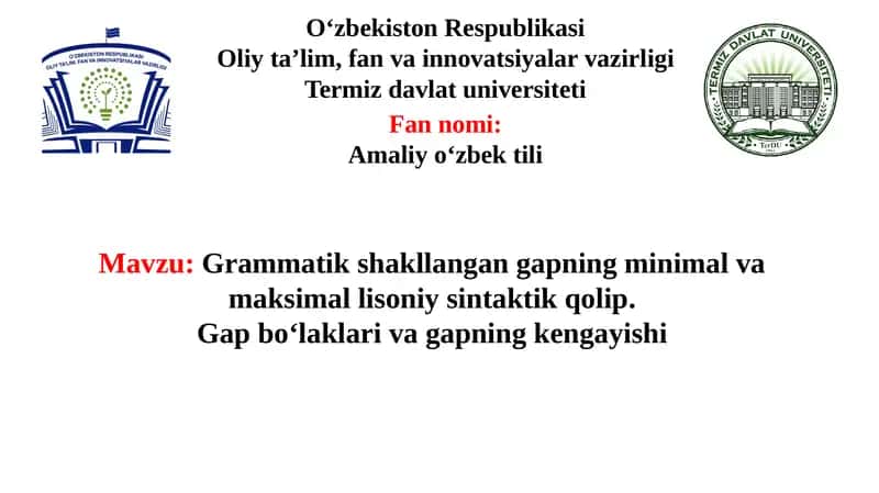 Grammatik shakllangan gapning minimal va maksimal lisoniy sintaktik qolip. Gap boʻlaklari va gapning kengayishi 1