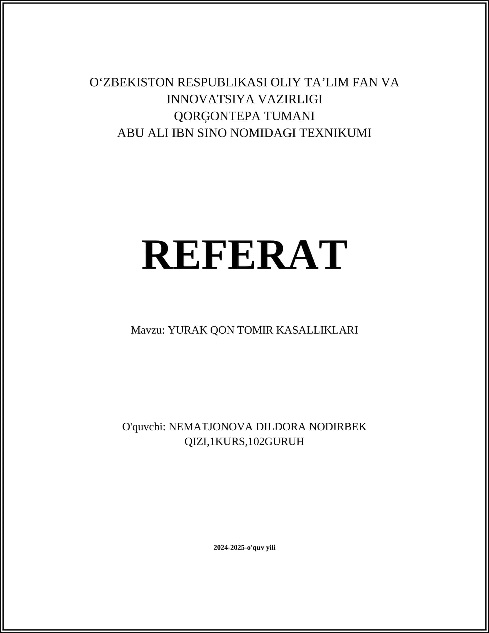 YURAK QON TOMIR KASALLIKLARI REFERAT 1