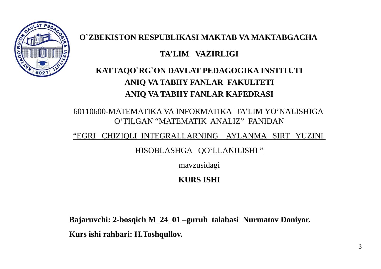 Egrichiziq integrallarning aylanma sirt yuzini hisoblashga qo'llanilishi 1