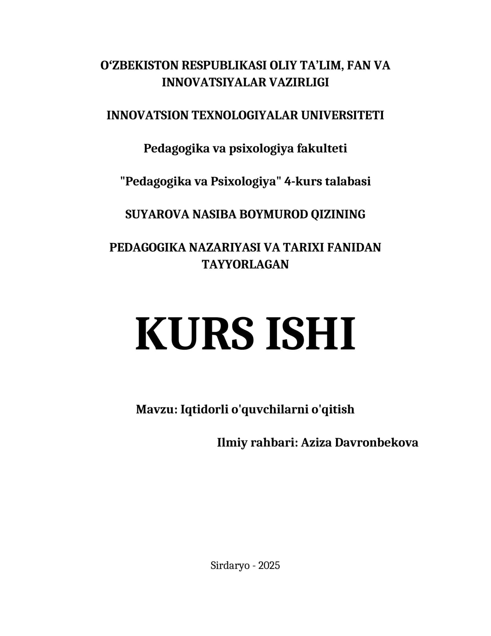 PEDAGOGIKA NAZARIYASI VA TARIXI FANIDAN TAYYORLAGAN KURS ISHI 1