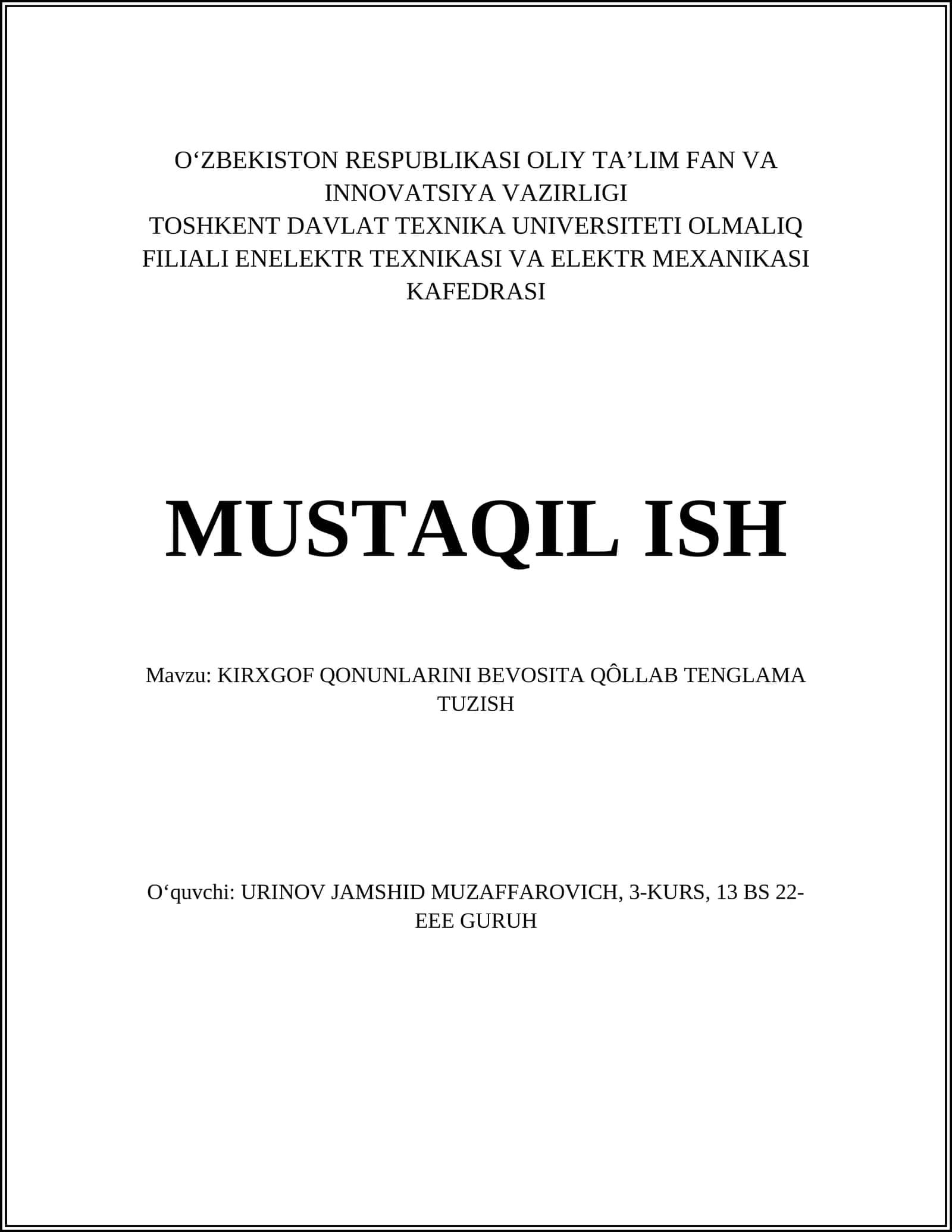 KIRXGOF QONUNLARINI BEVOSITA QÔLLAB TENGLAMA TUZISH 1