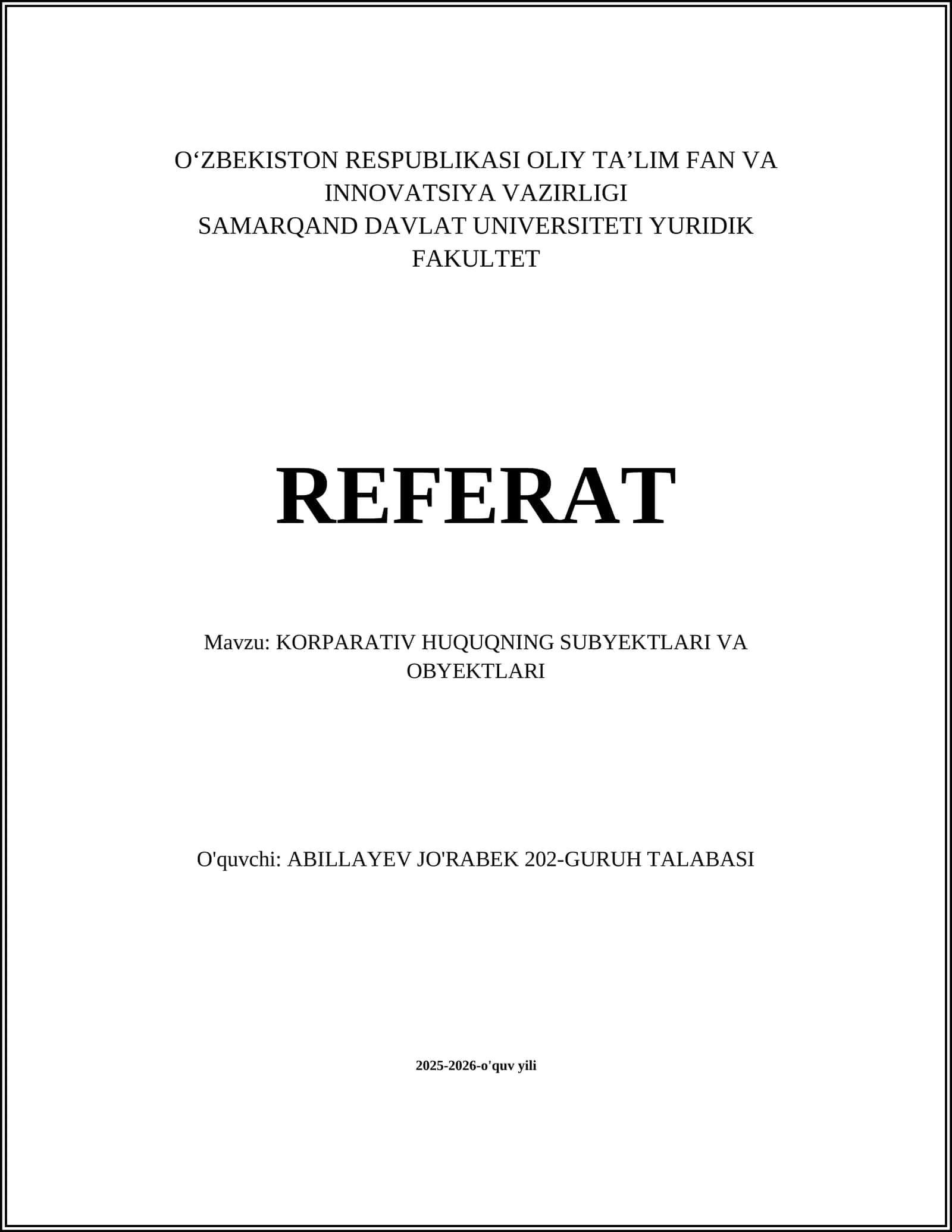 KORPORATIV HUQUQNING SUBYEKTLARI VA OBYEKTLARI 1