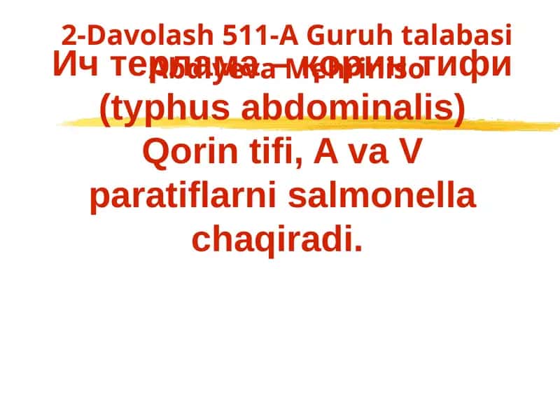 Ич терлама –қорин тифи (typhus abdominalis)Qorintifi,AvaVparatiflarnisalmonellachaqiradi 1