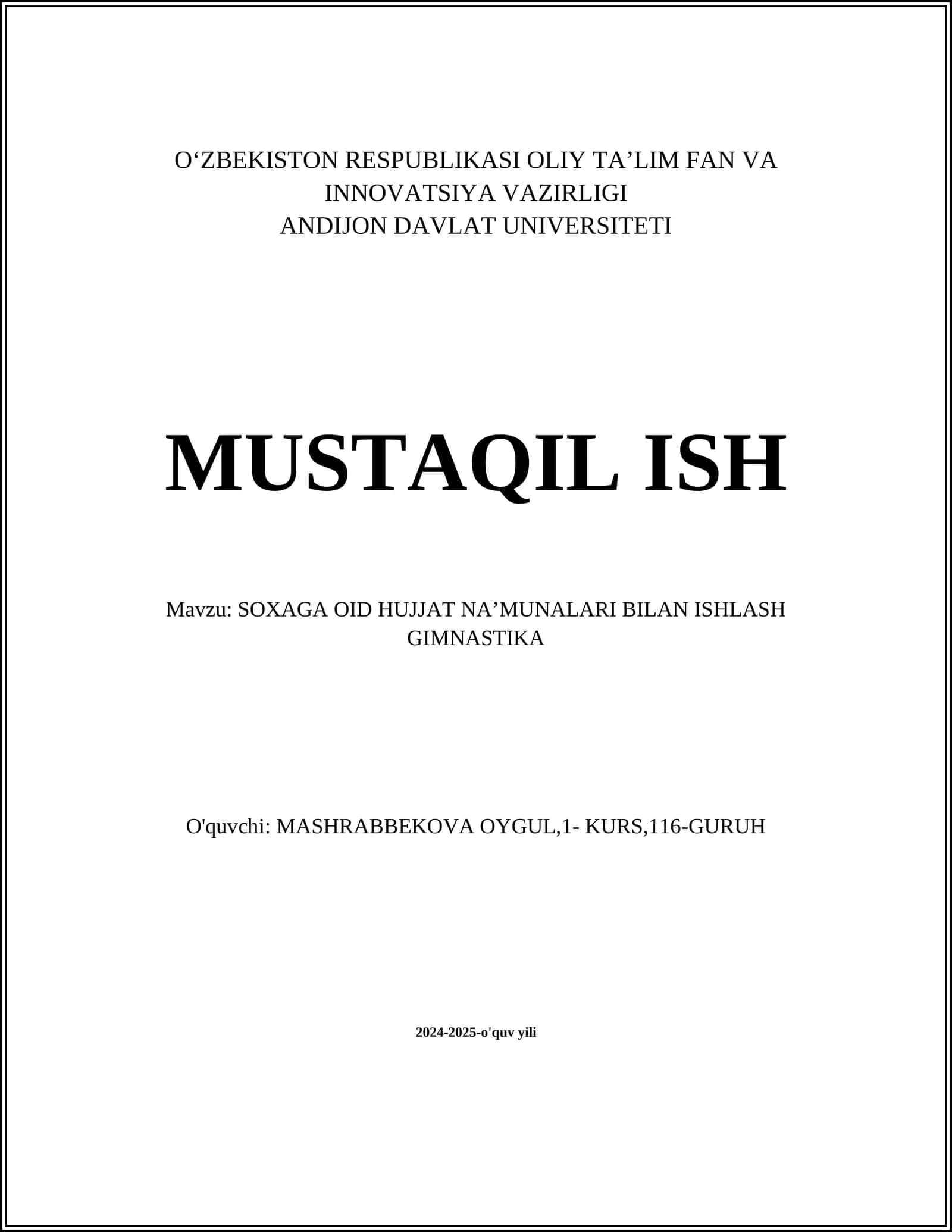 SOXAGA OID HUJJAT NA’MUNALARI BILAN ISHLASH GIMNASTIKA 1