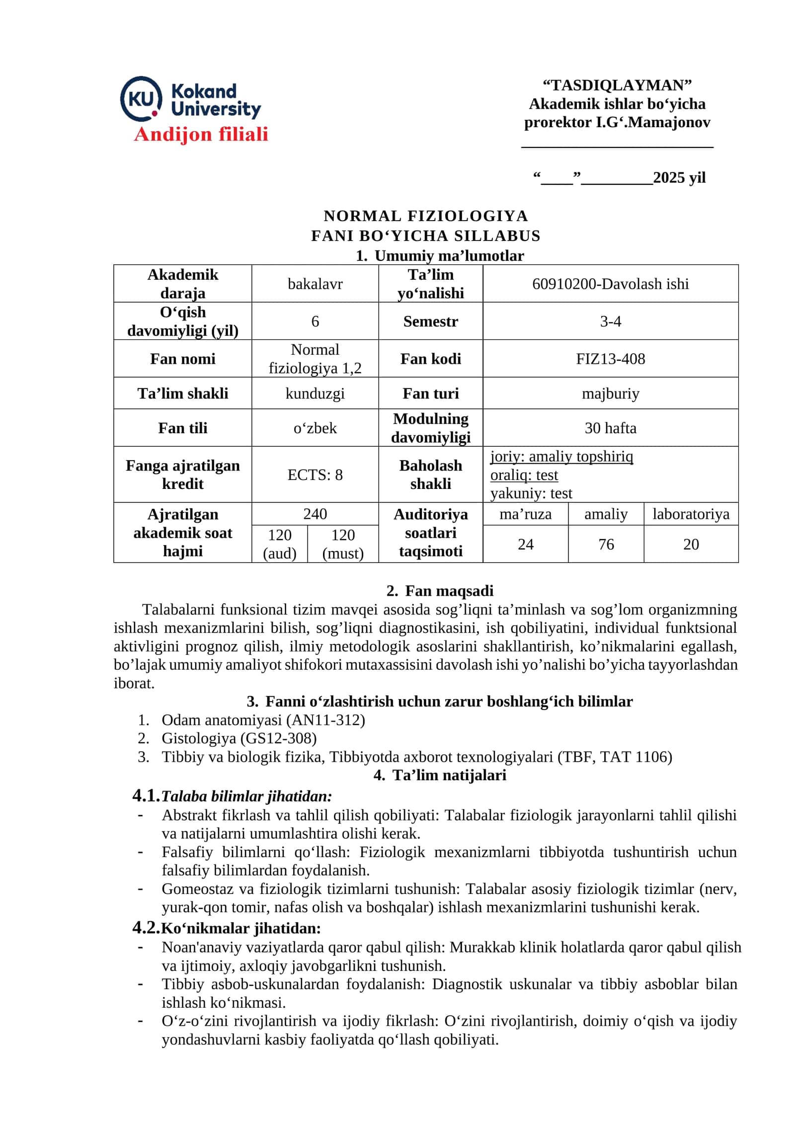 NORMAL FIZIOLOGIYA FANI BO‘YICHA SILLABUS 1