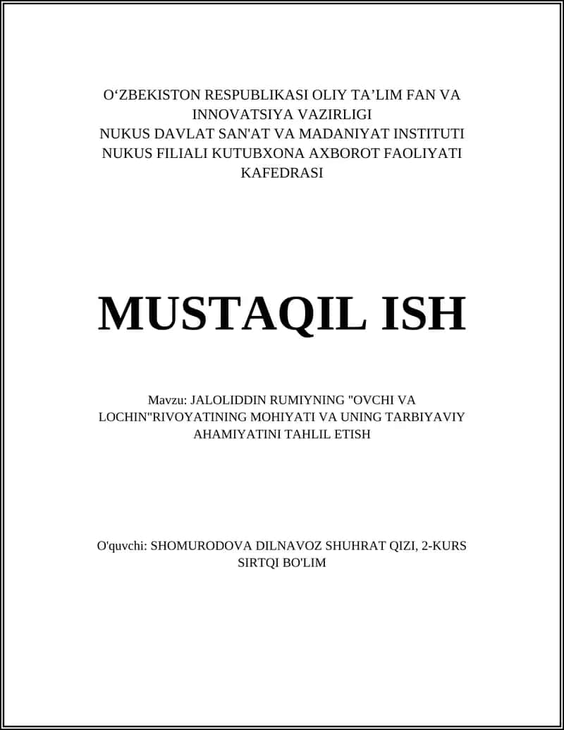 JALOLIDDIN RUMIYNING "OVCHI VA LOCHIN" RIVOYATINING MOHIYATI VA UNING TARBIYAVIY AHAMIYATINI TAHLIL ETISH 1