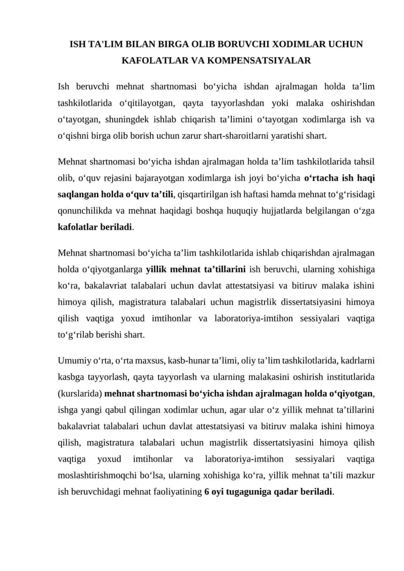 Ish ta'lim bilan birga olib boruvchi xodimlar uchun kafolatlar va kompensatsiyalar 1