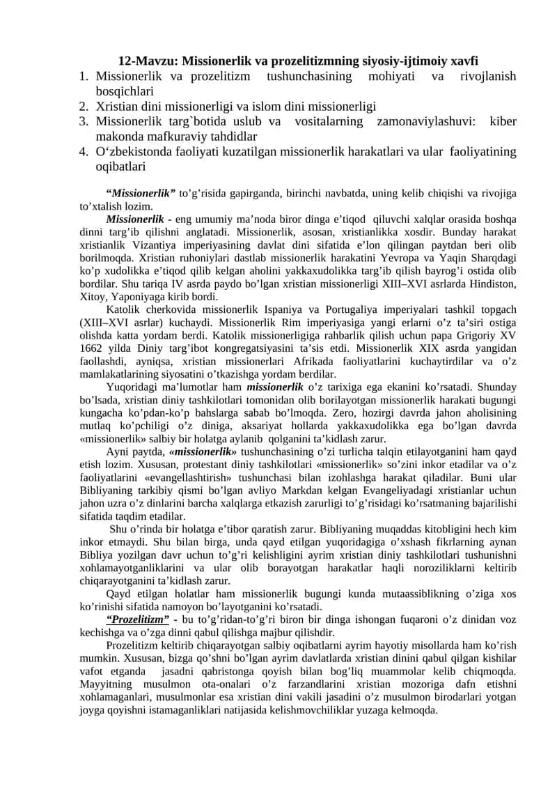 Missionerlik va Prozelitizmning Siyosiy-Ijtimoiy Xavfi 1