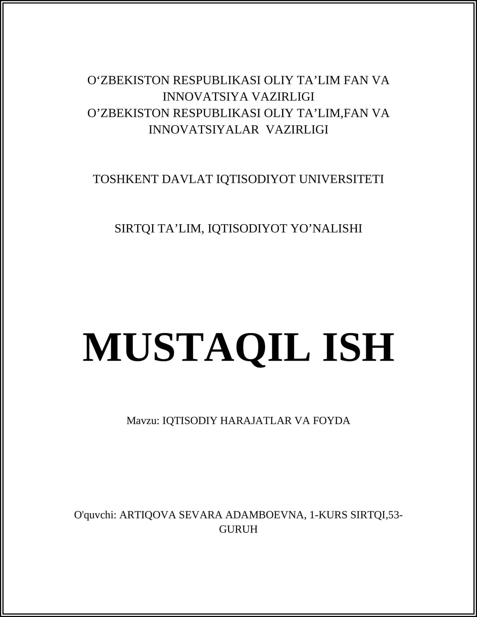 IQTISODIY HARAJATLAR VA FOYDA 1