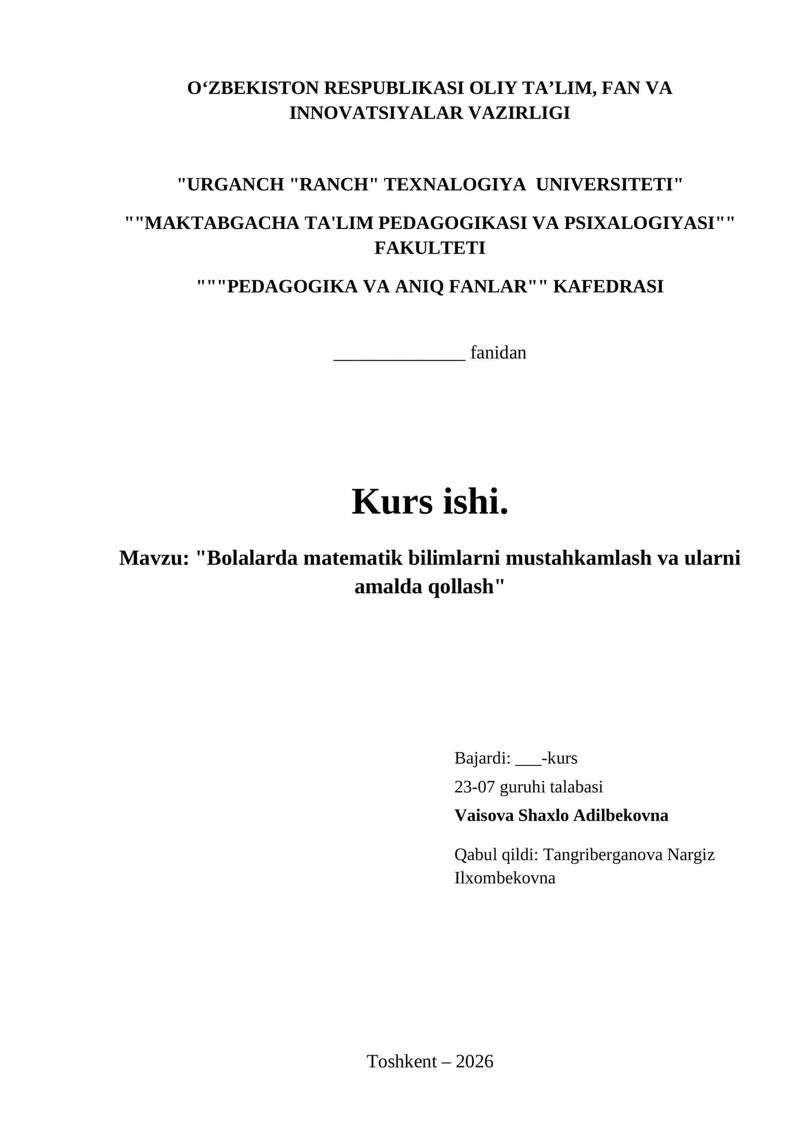 "Bolalarda matematik bilimlarni mustahkamlash va ularni amalda qollash" 1