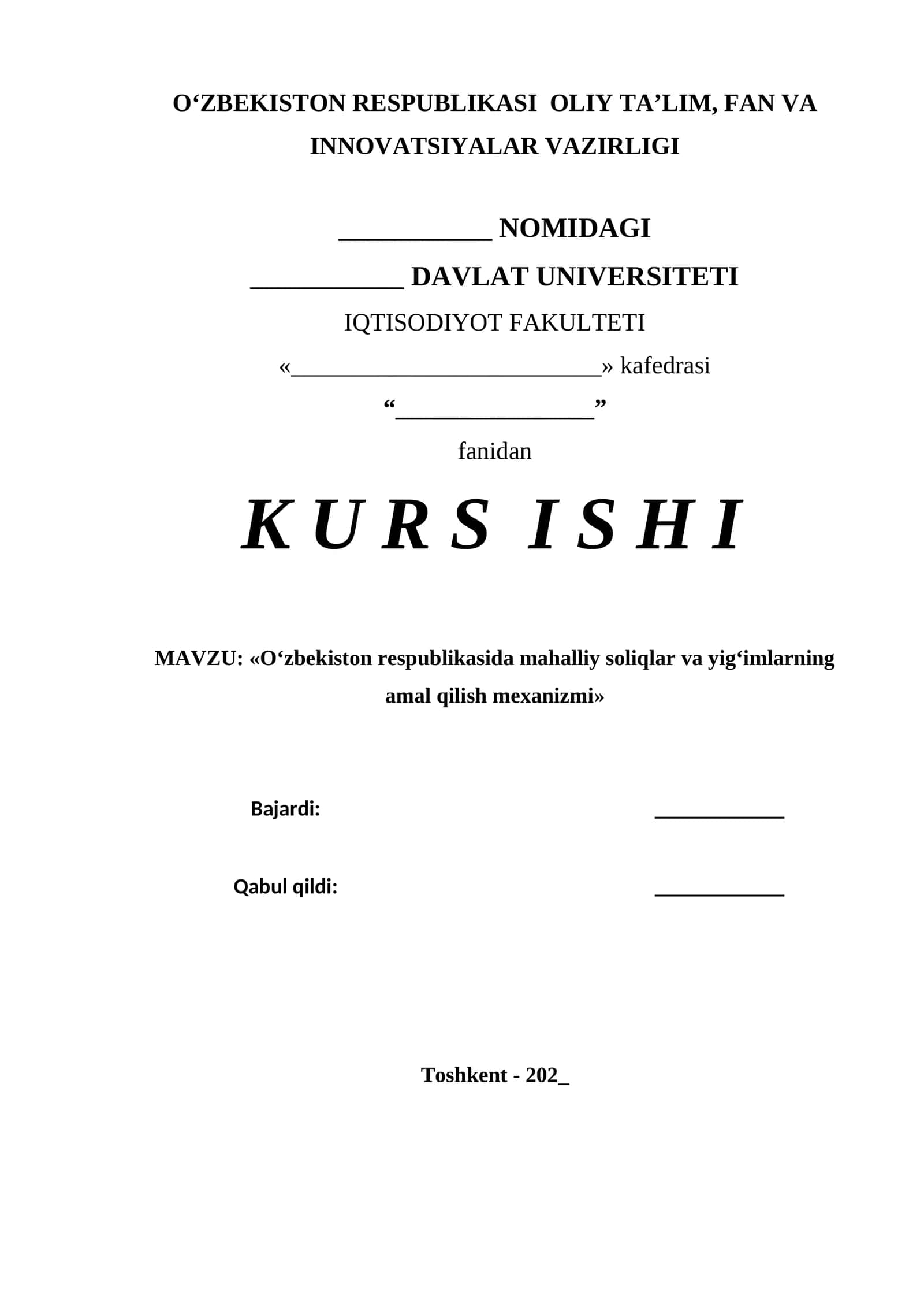 Oʻzbekiston respublikasida mahalliy soliqlar va yigʻimlarning amal qilish mexanizmi 1