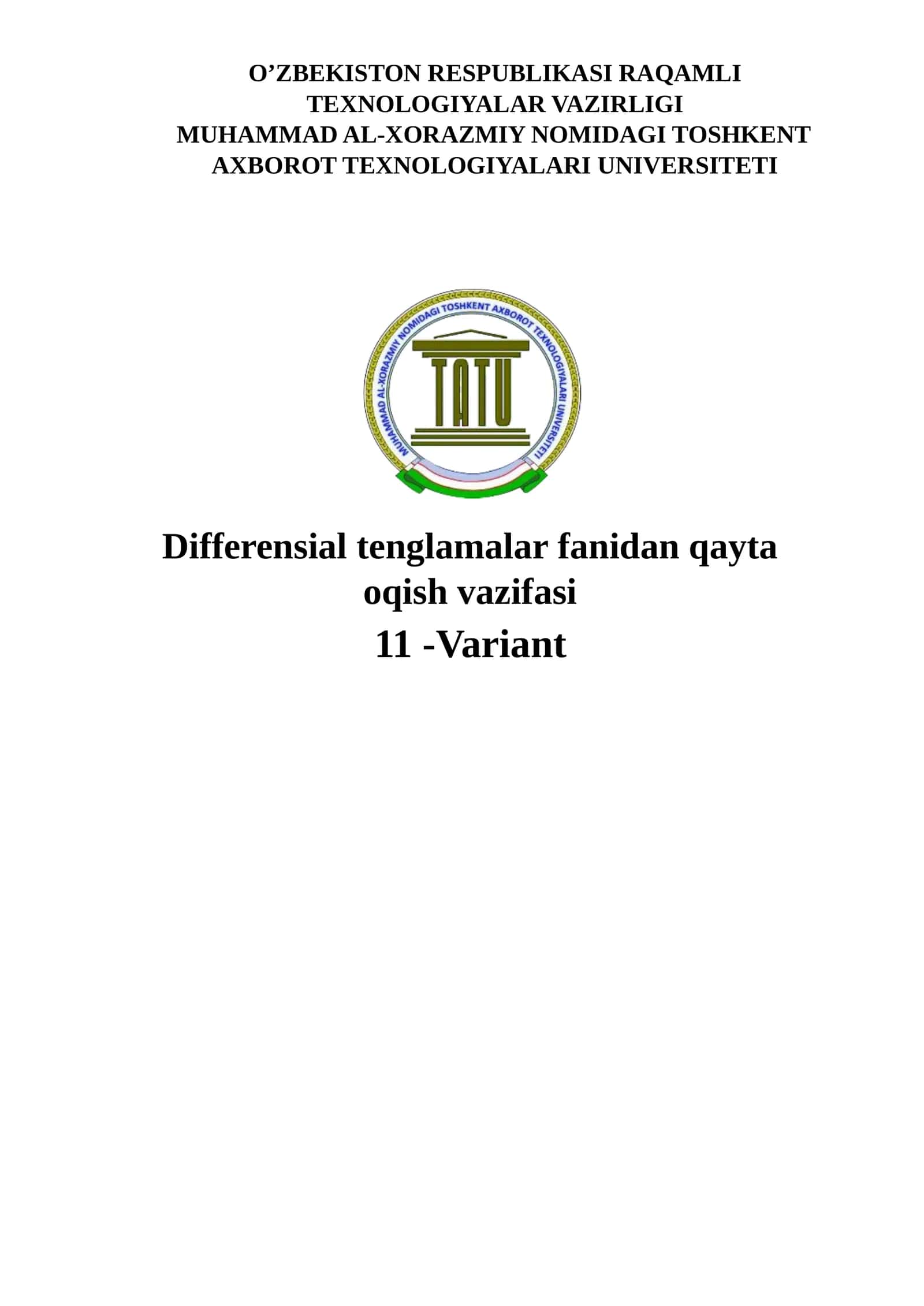 Differensial tenglamalar fanidan amailiy ish 11-variant 1