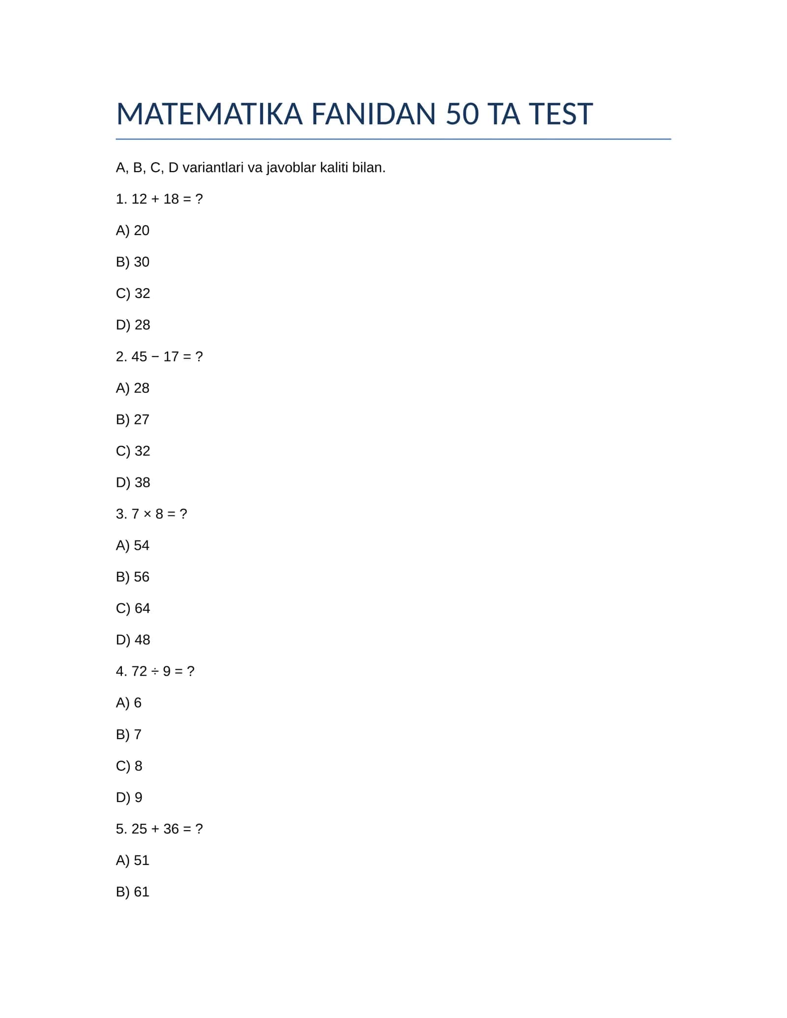 MATEMATIKA FANIDAN 50 TA TEST 1