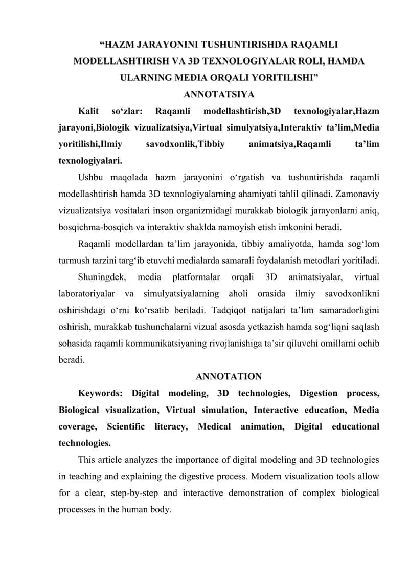 HAZM JARAYONINI TUSHUNTIRISHDA RAQAMLI MODELLASHTIRISH VA 3D TEXNOLOGIYALAR ROLI, HAMDA ULARNING MEDIA ORQALI YORITILISHI 1
