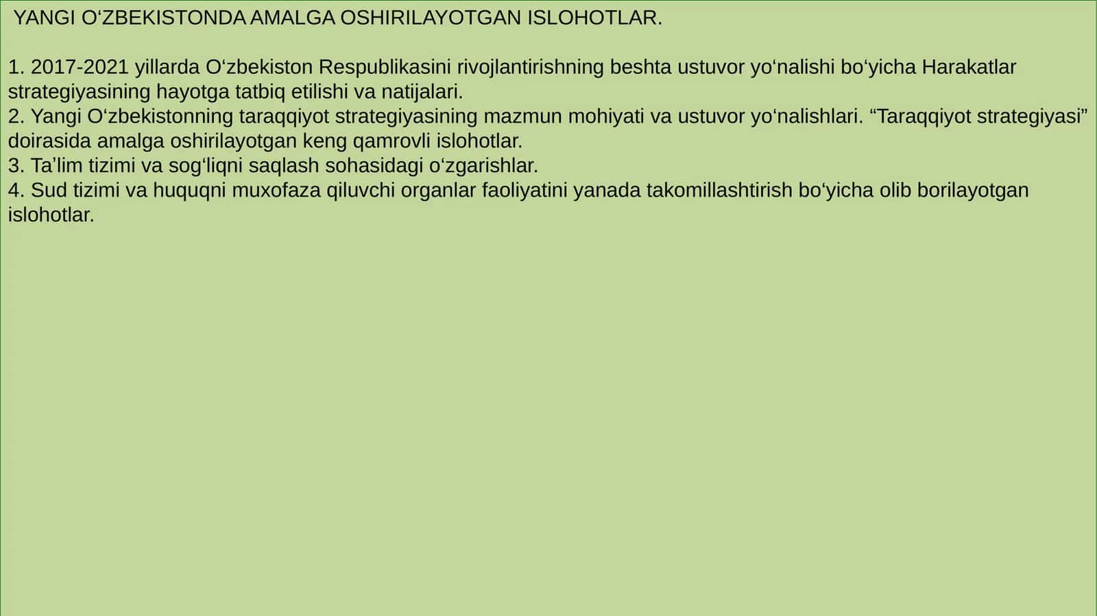 Yangi O‘zbekistonda Amalga Oshirilayotgan Ishlohotlar 1