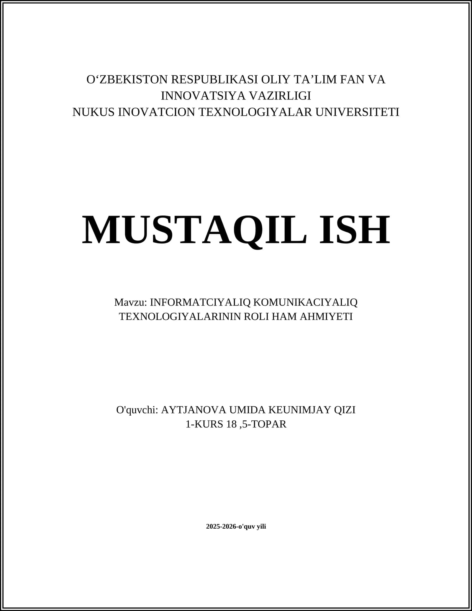 INFORMATCIYALIQ KOMUNIKACIYALIQ TEXNOLOGIYALARININ ROLI HAM AHMIYETI 1