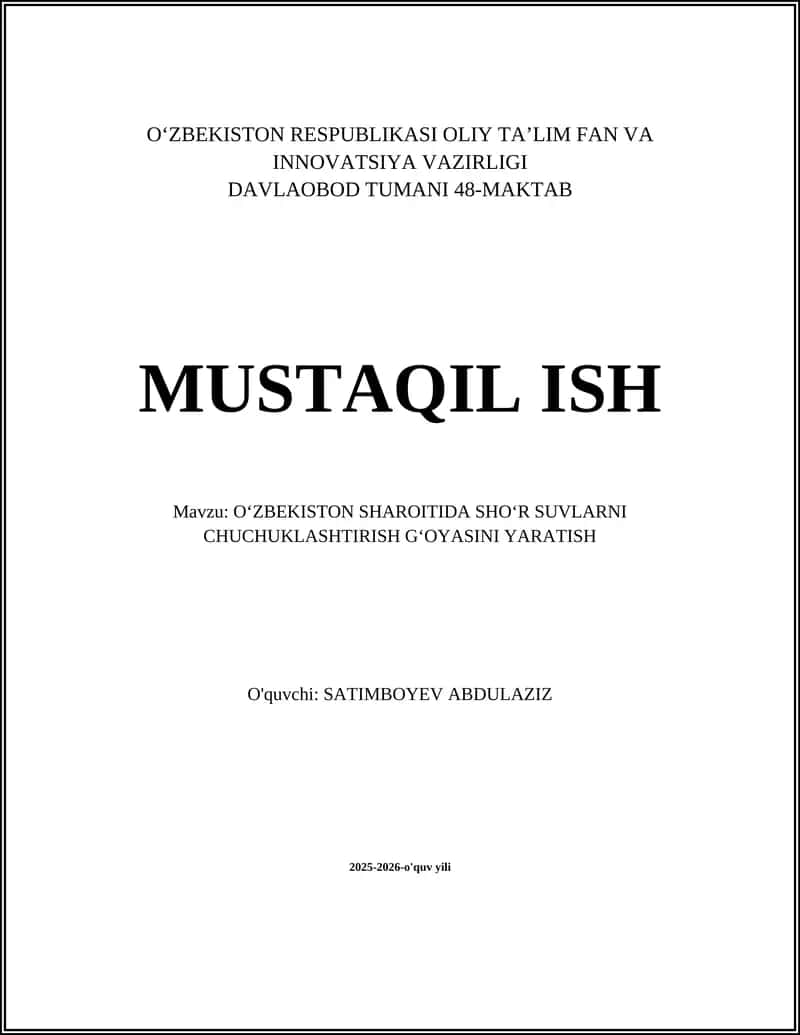 O‘ZBEKISTON SHAROITIDA SHO‘R SUVLARNI CHUCHUKLASHTIRISH G‘OYASI 1