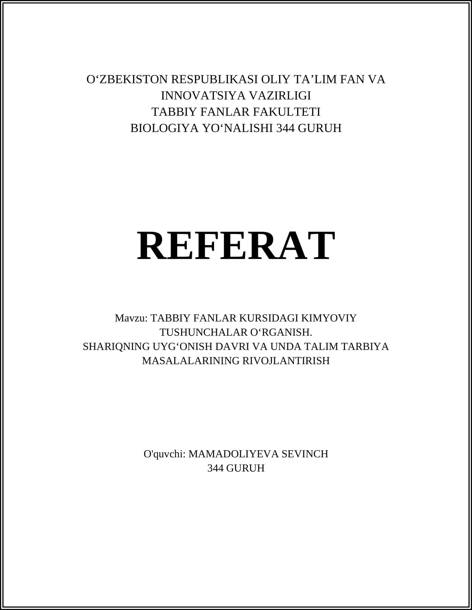 TABBIY FANLAR KURSIDAGI KIMYOVIY TUSHUNCHALAR OʻRGANISH 1