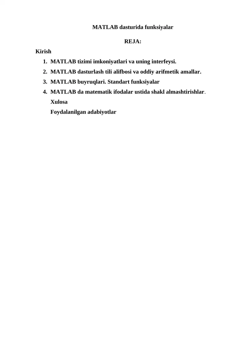 MATLAB dasturida funksiyalar 1