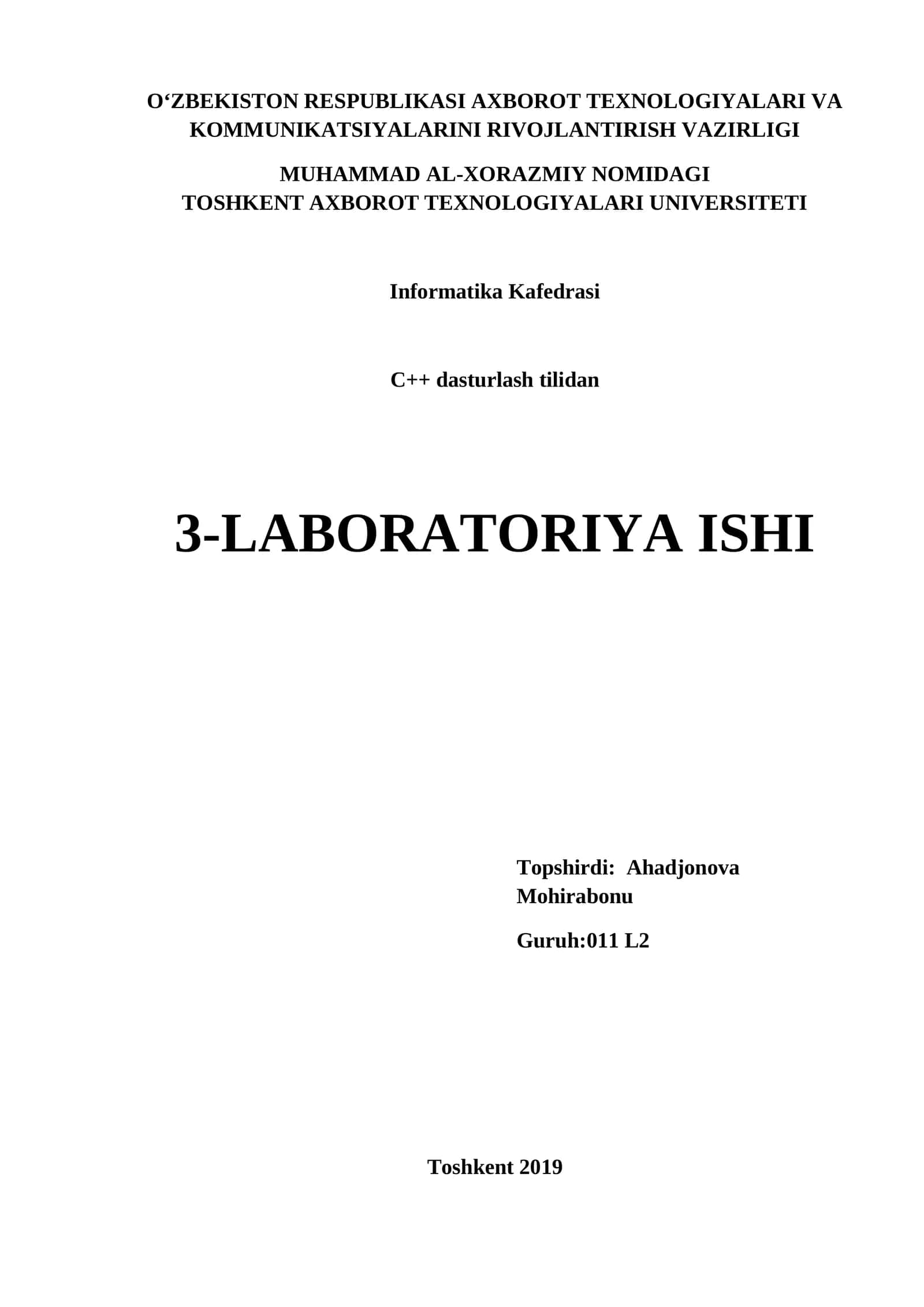 C++ dasturlash tilidan 3-LABORATORIYA ISHI 1